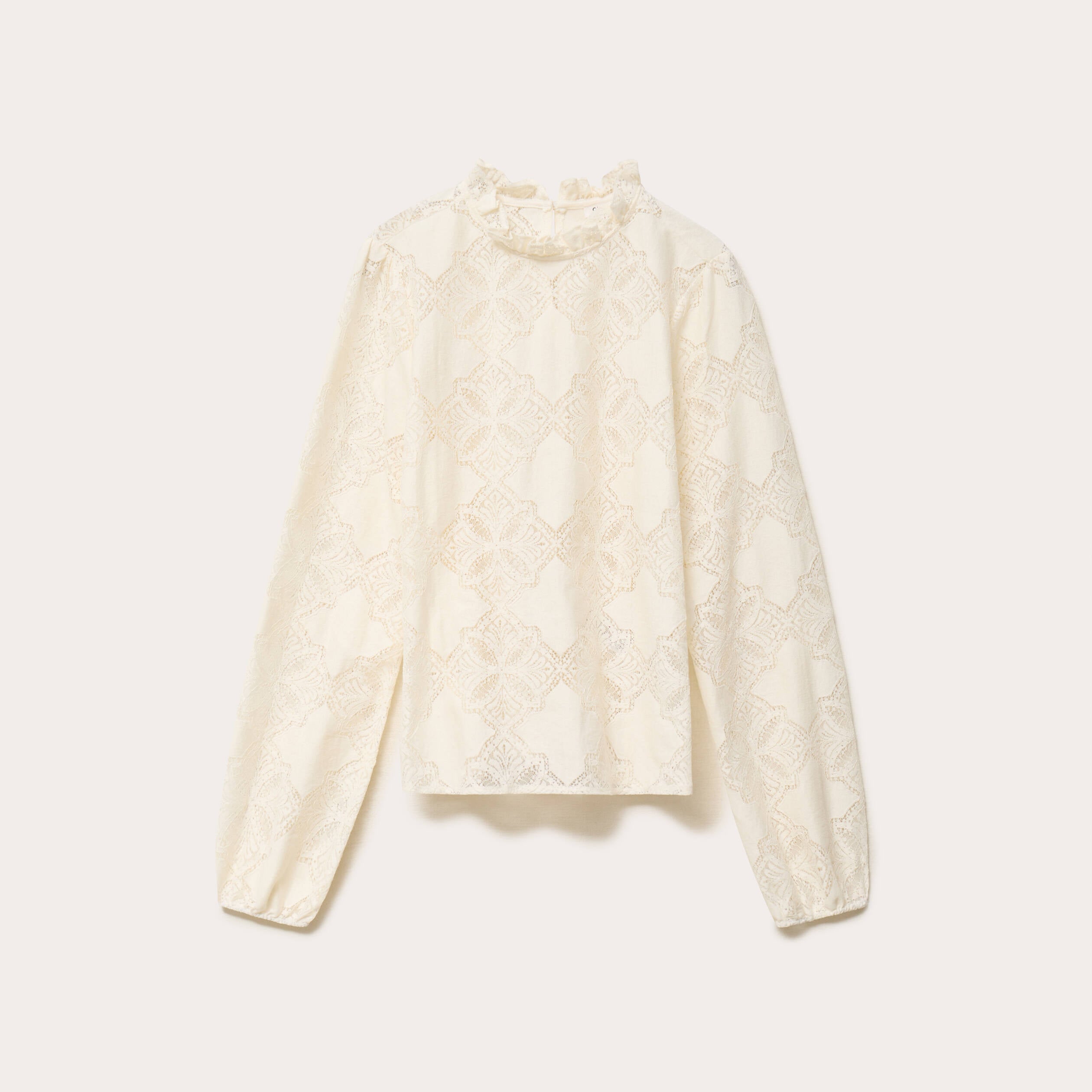 Blouse col montant en dentelle ecru femme