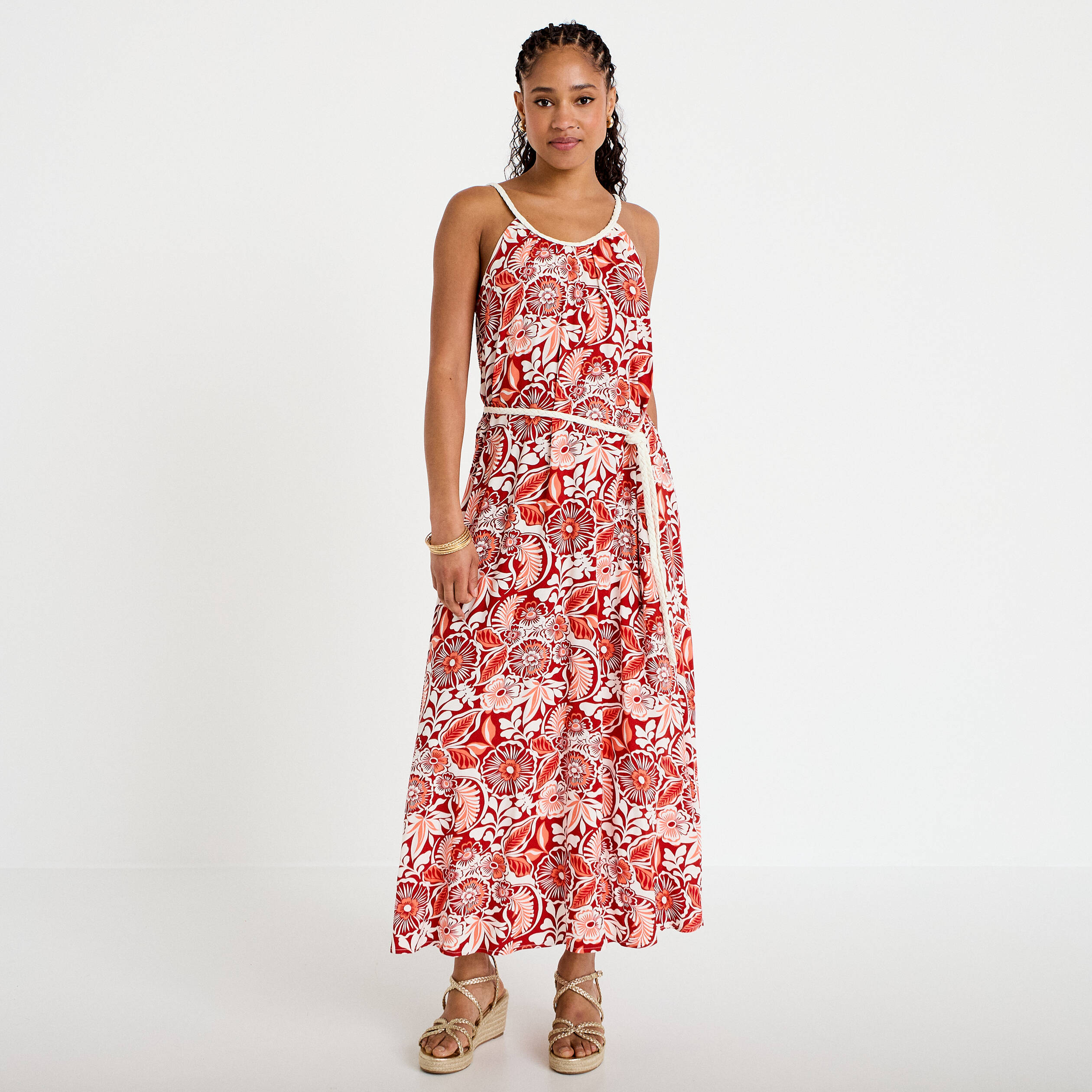 Robe longue &eacute;vas&eacute;e bretelles fines rouge femme