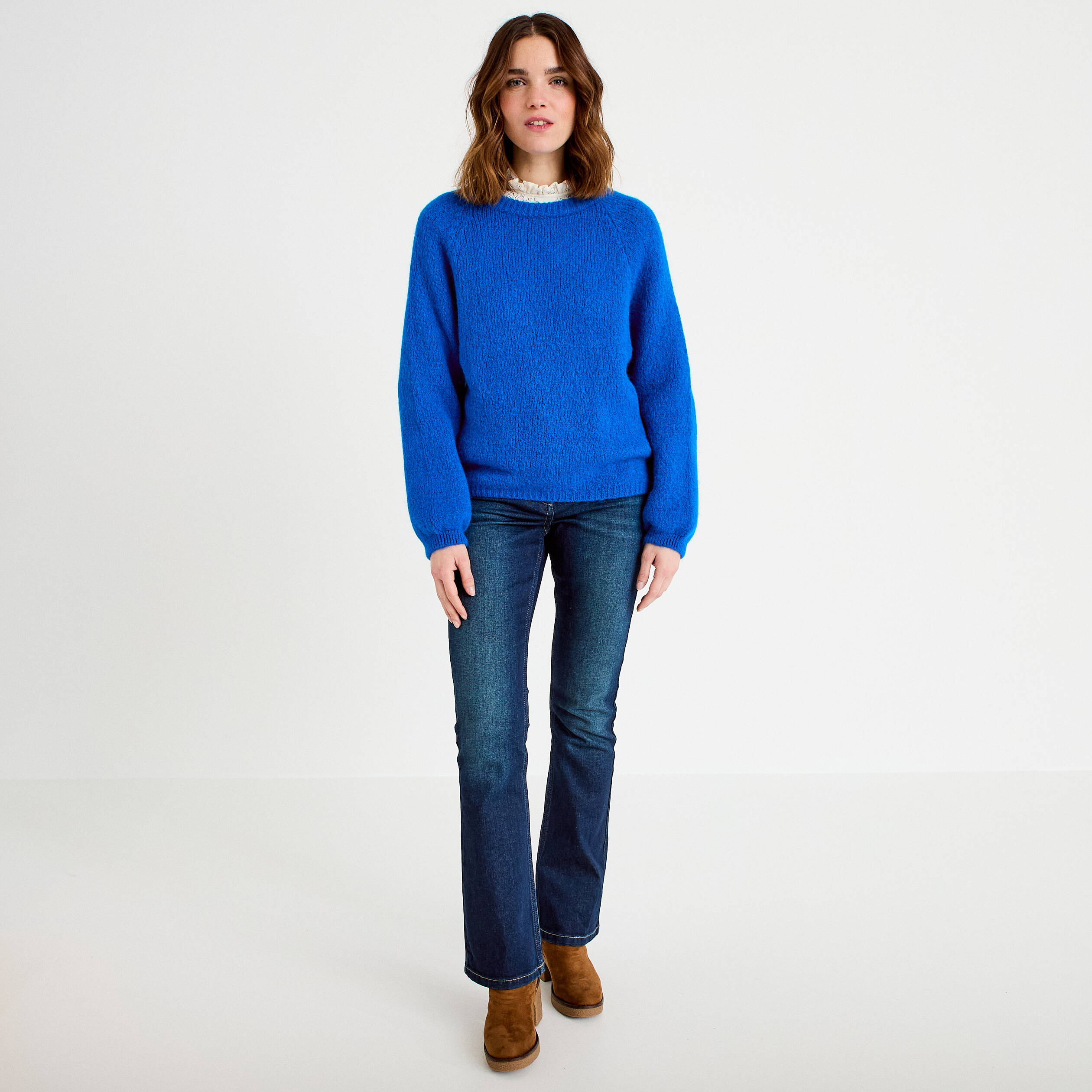 Pull ample col rond manches longues bleu electrique femme