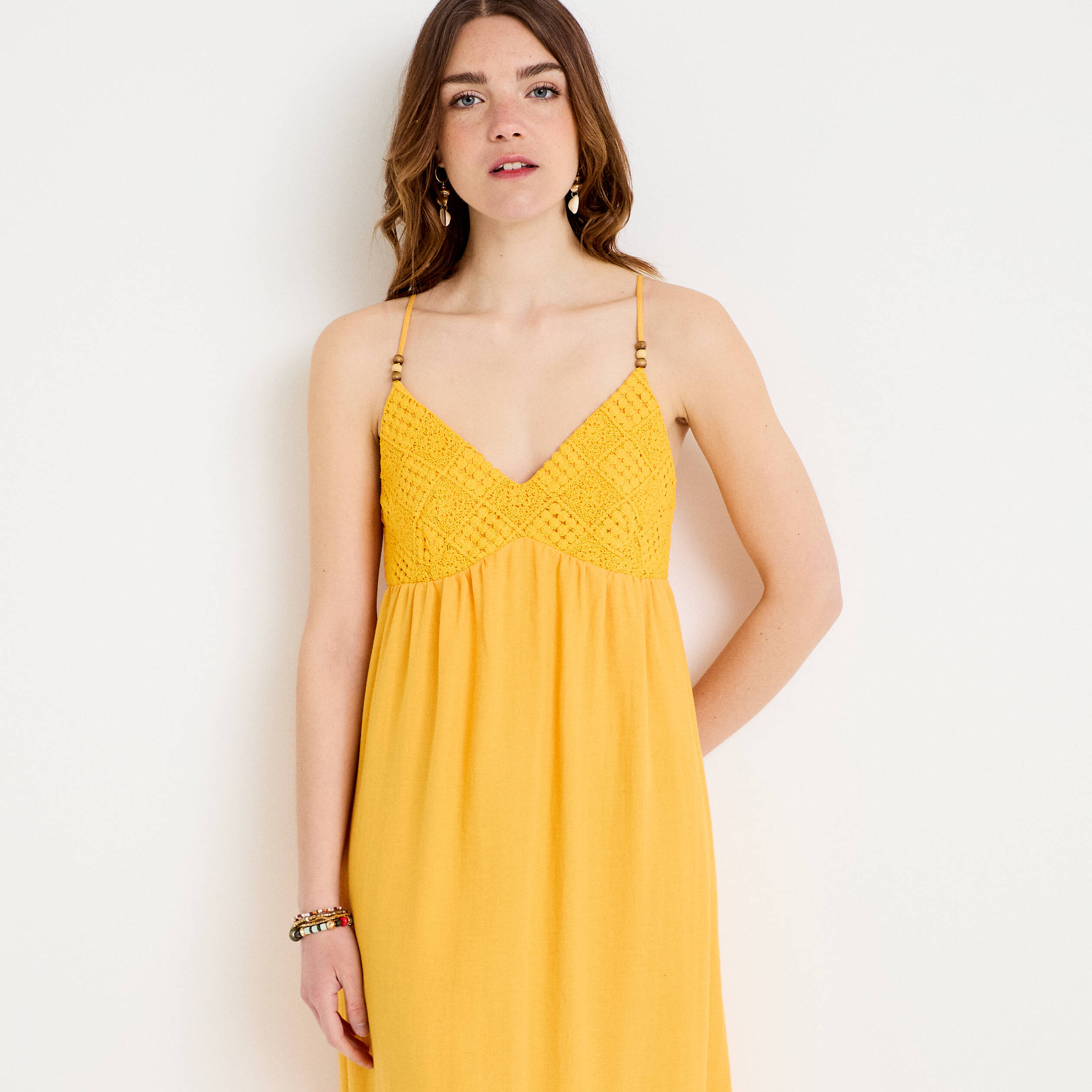 Robe bi-mati&egrave;re col v bretelles fines orange clair femme