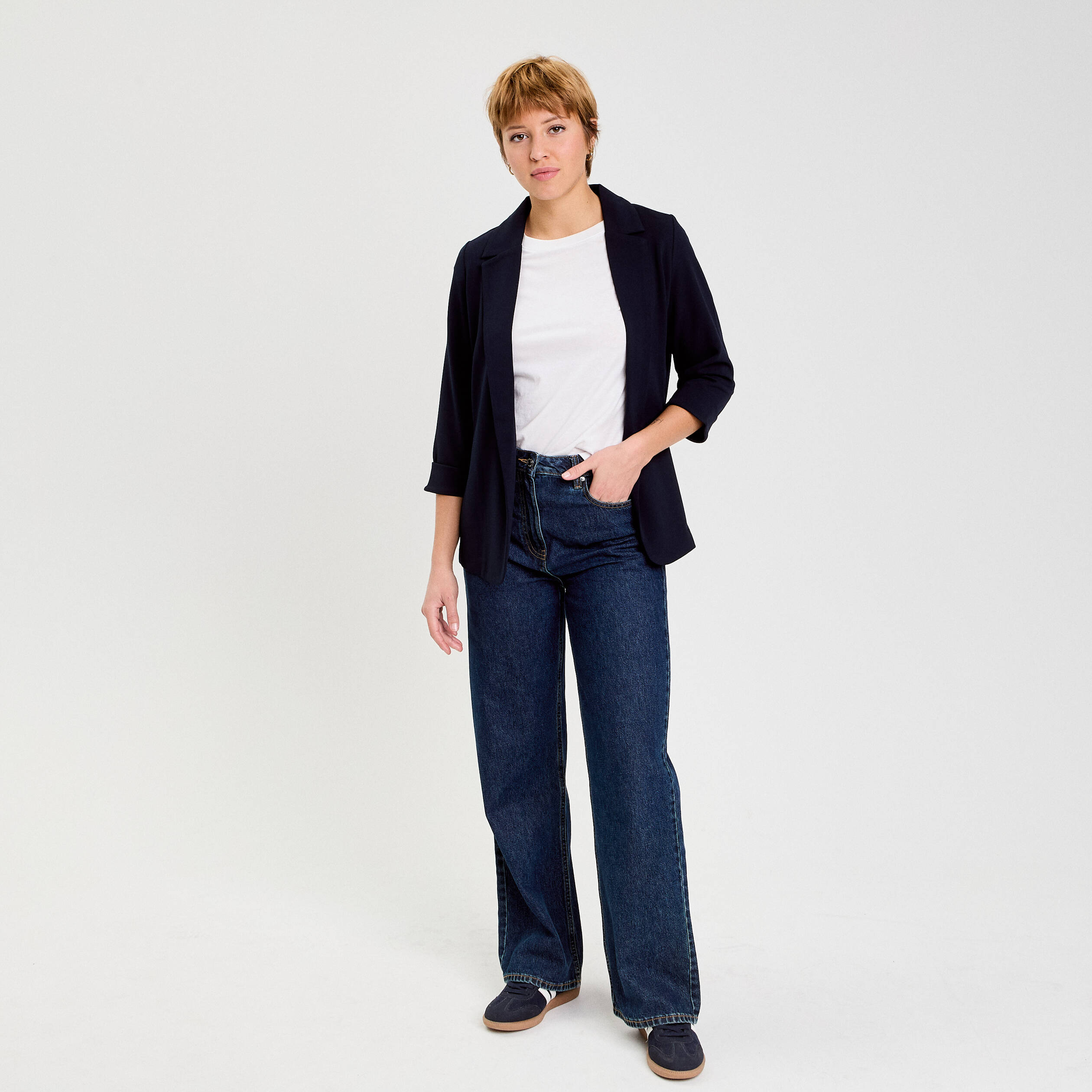 Veste blazer manches 3/4 bleu marine femme