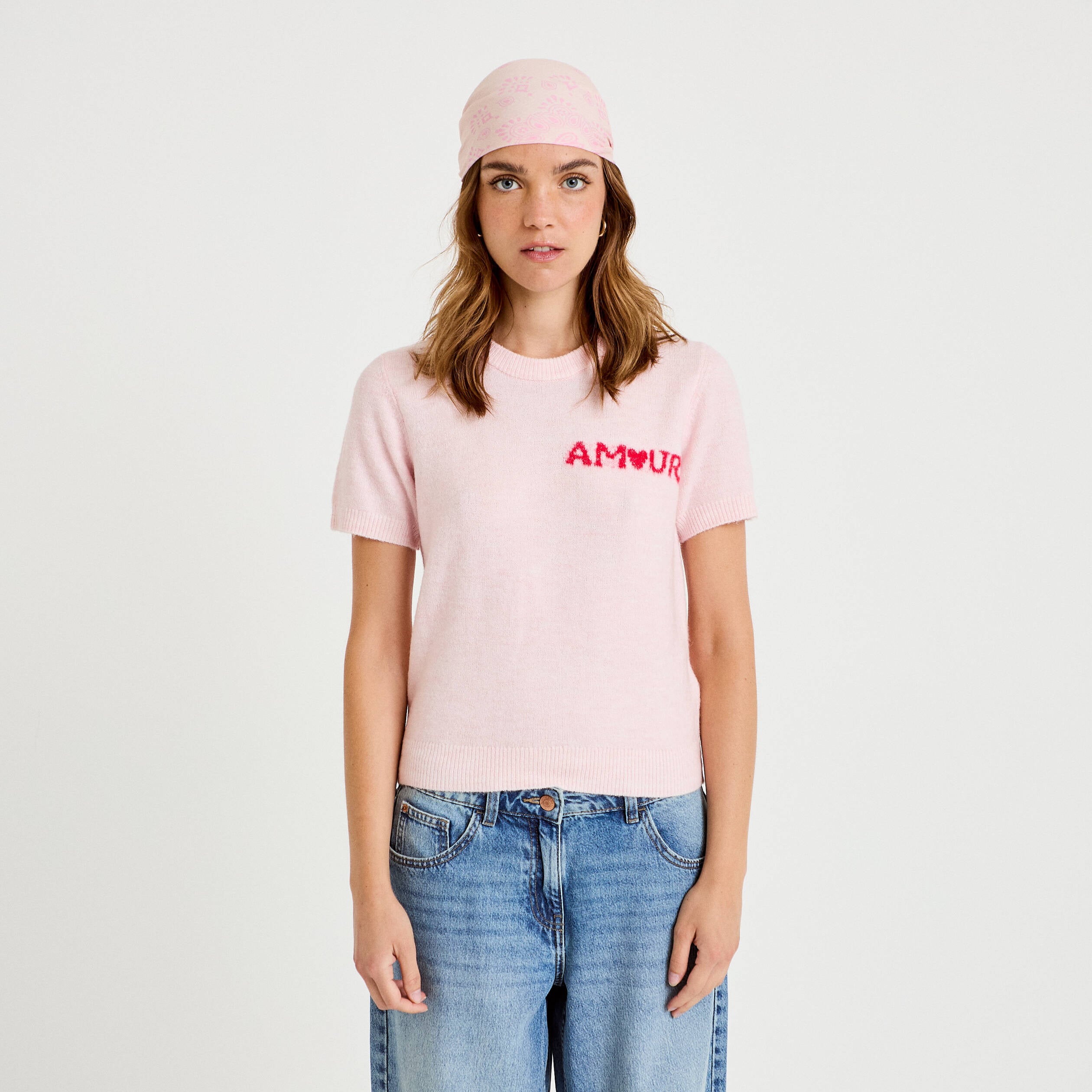 Pull ample manches courtes rose clair femme