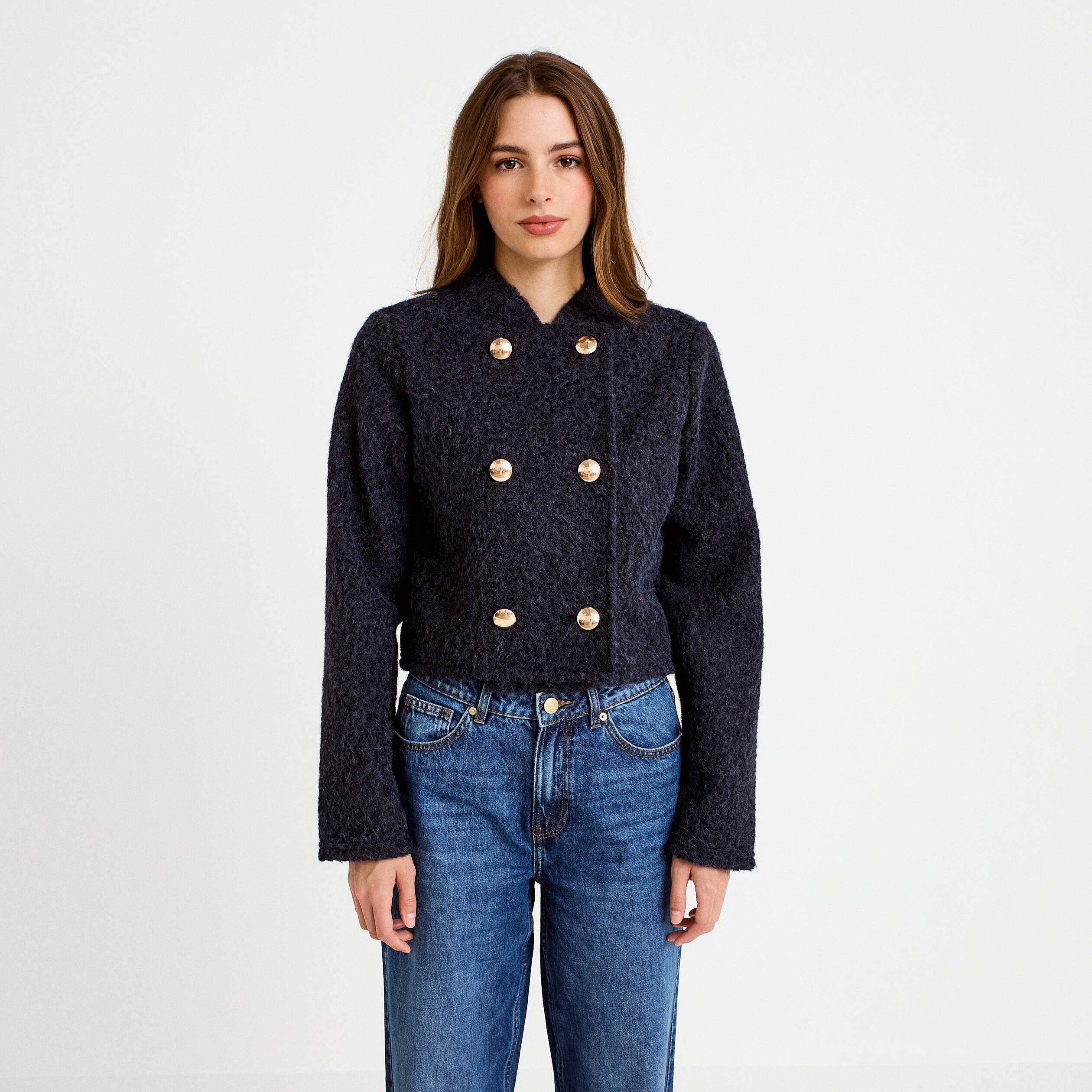 Veste droite cropped effet polaire bleu marine femme