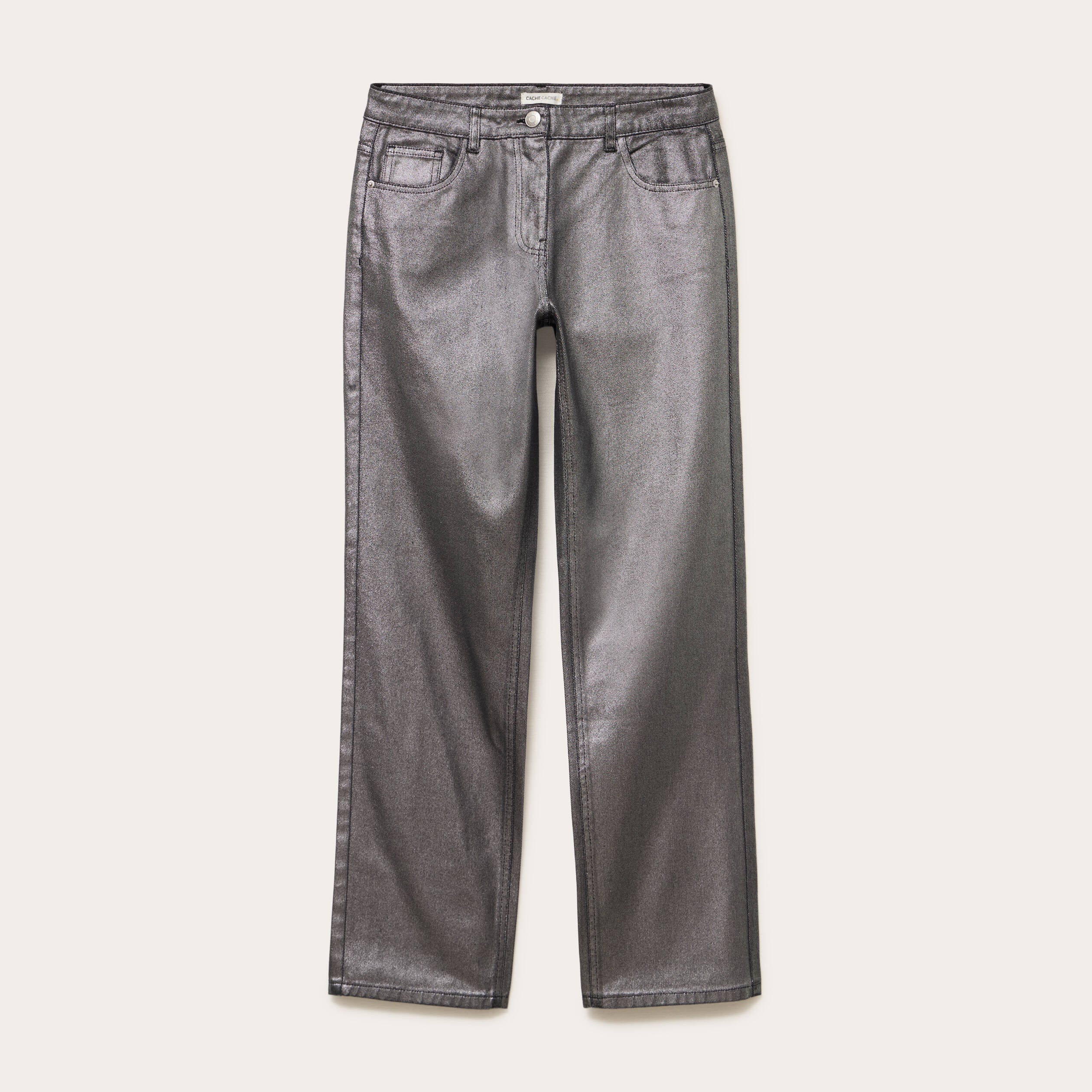Pantalon droit enduit gris argent femme