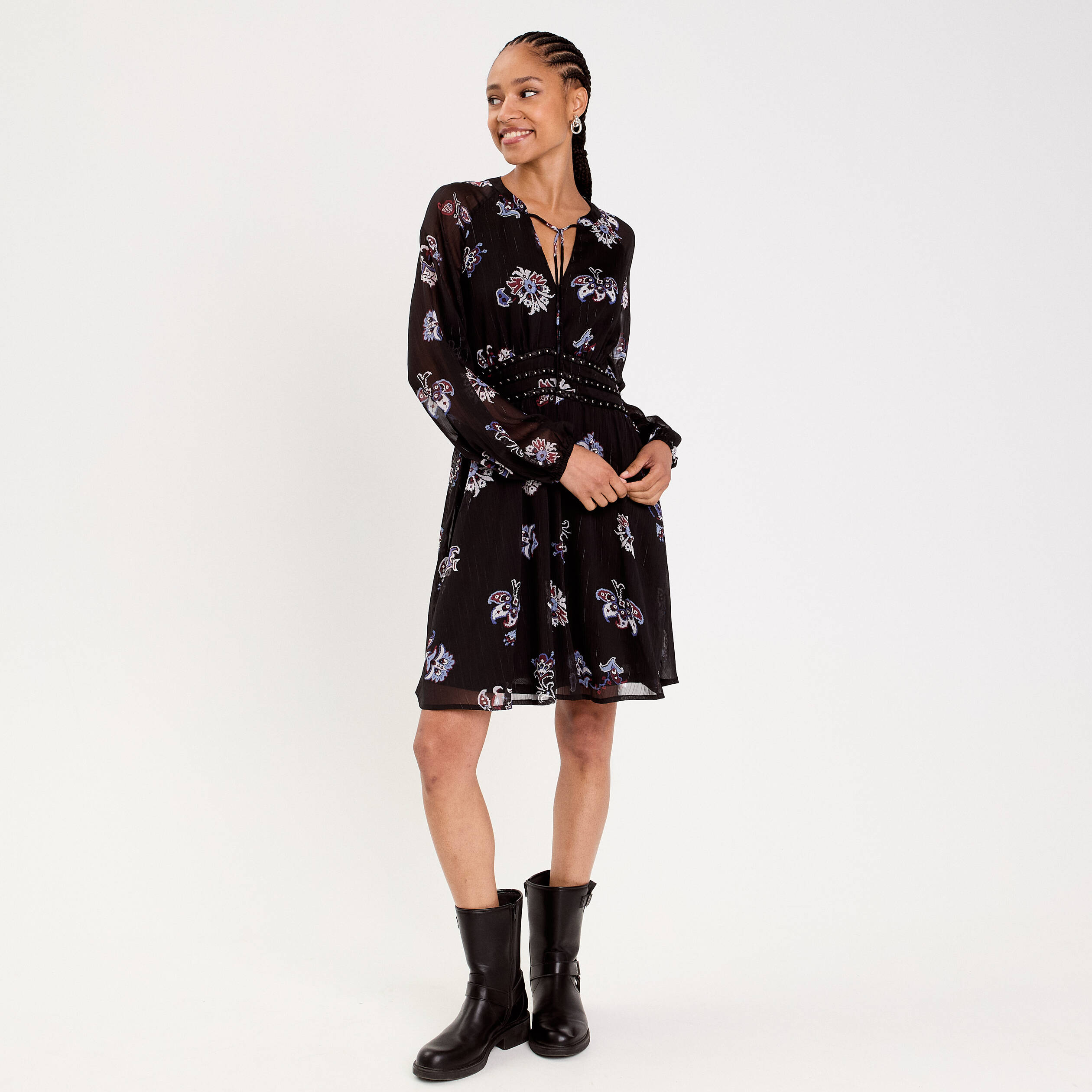 Robe courte &eacute;vas&eacute;e col v manches longues bleu fonc&eacute; femme
