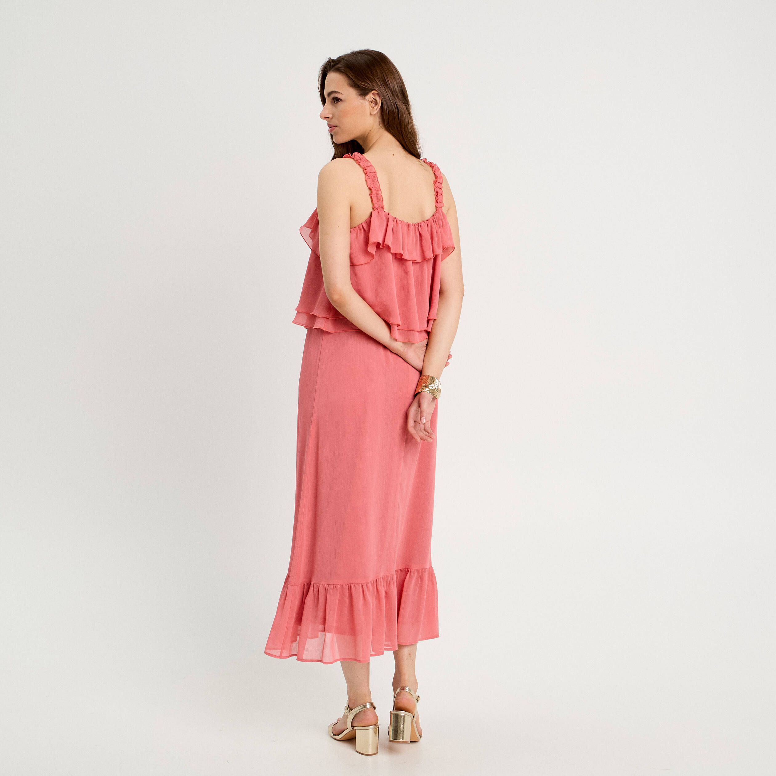 Robe longue droite volants rose pastel femme