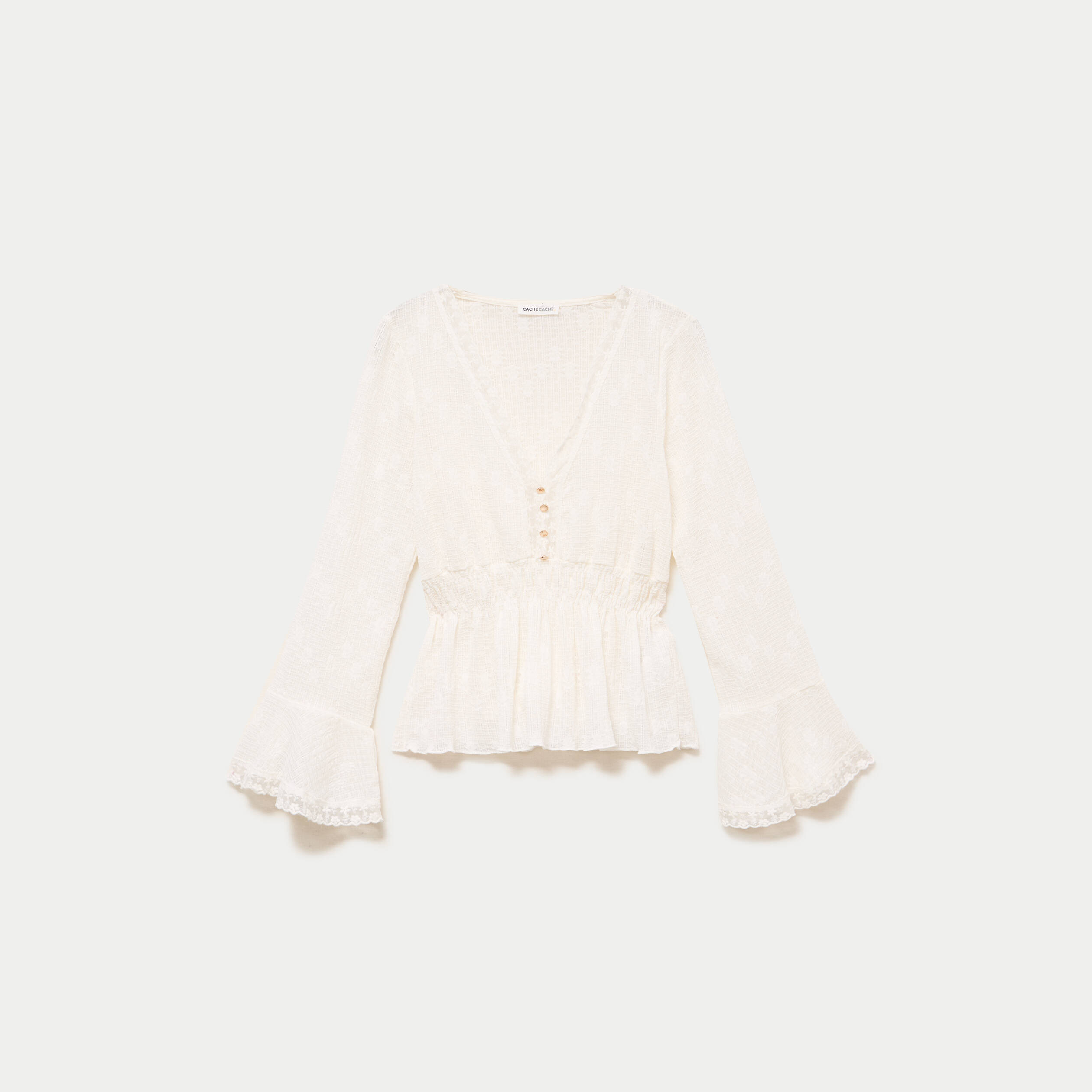Blouse ajust&eacute;e col v manches longues ecru femme