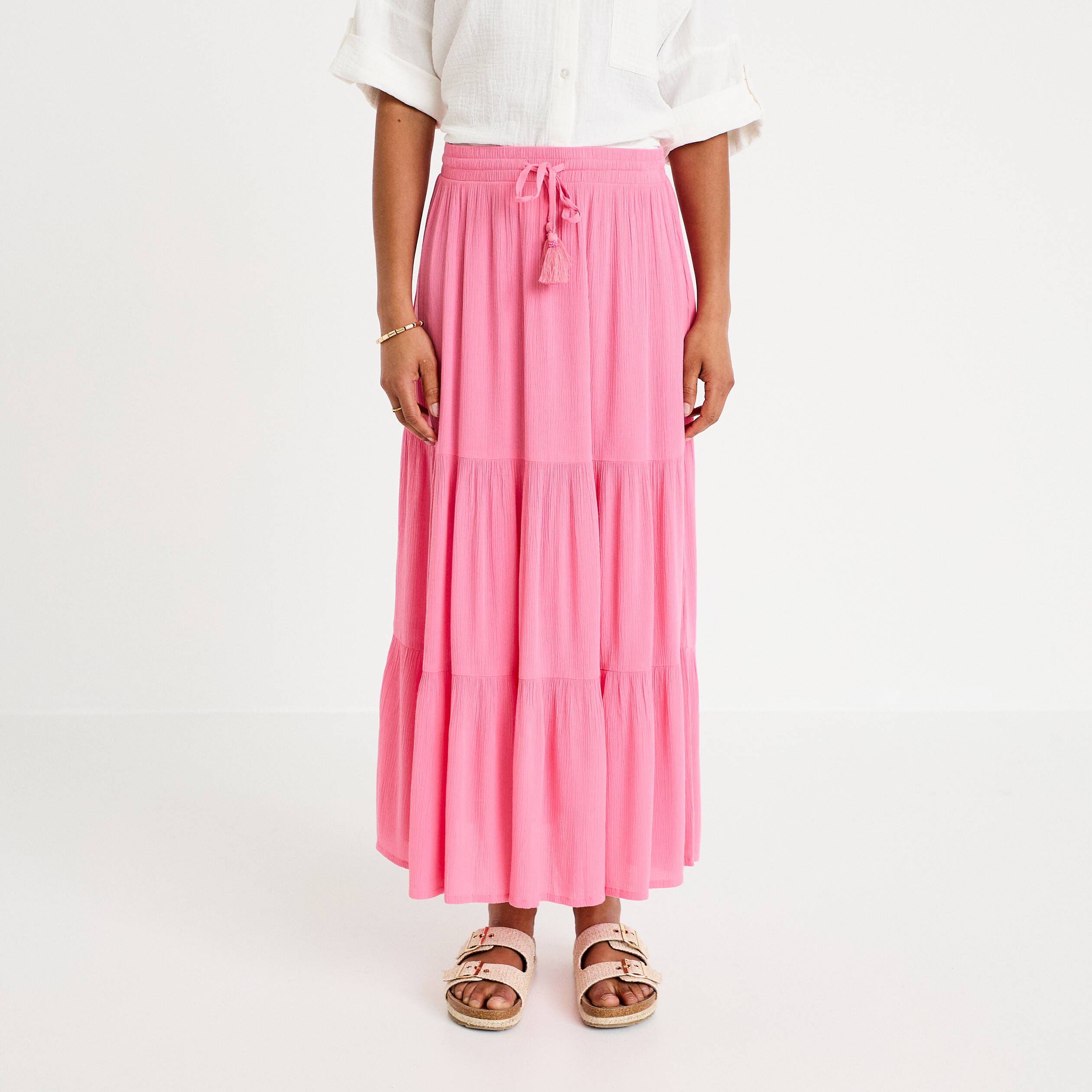 Jupe longue pliss&eacute;e &eacute;vas&eacute;e rose vif femme