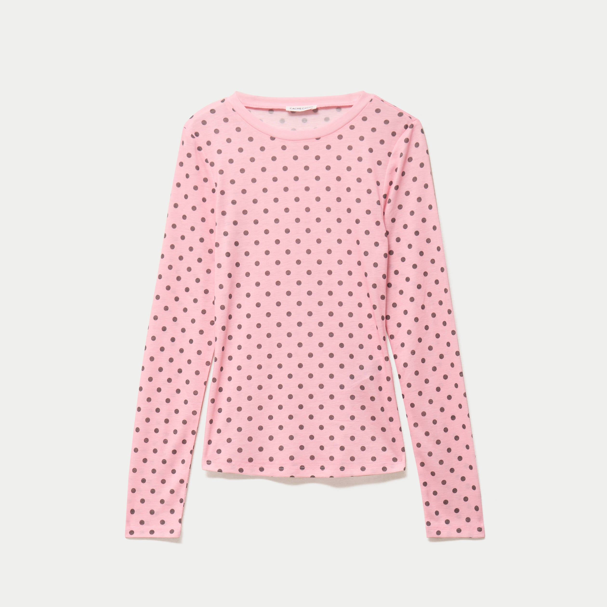 T-shirt ajust&eacute; col rond manches longues rose corail femme