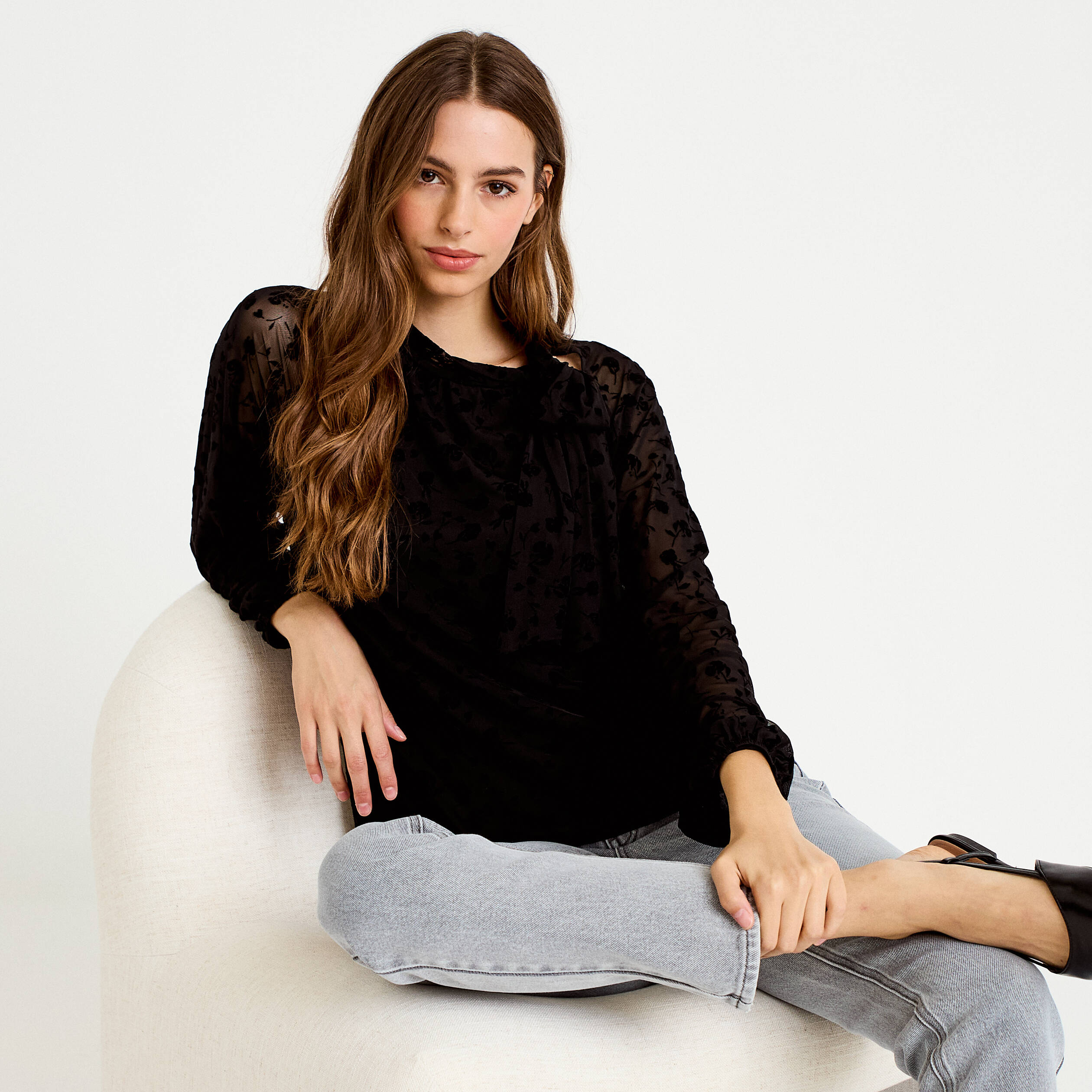Blouse droite manches longues noir femme