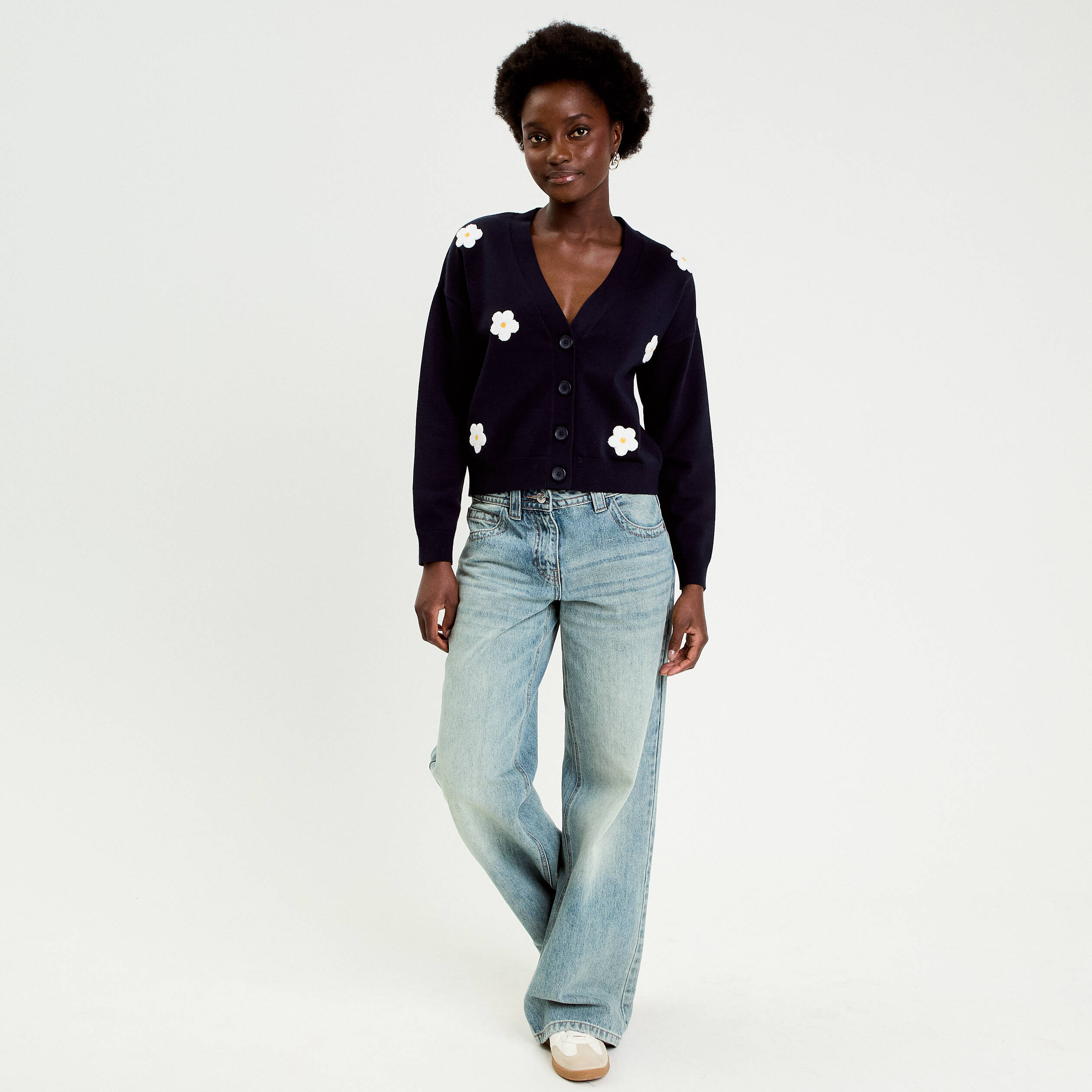 Gilet brod&eacute; col v bleu marine femme