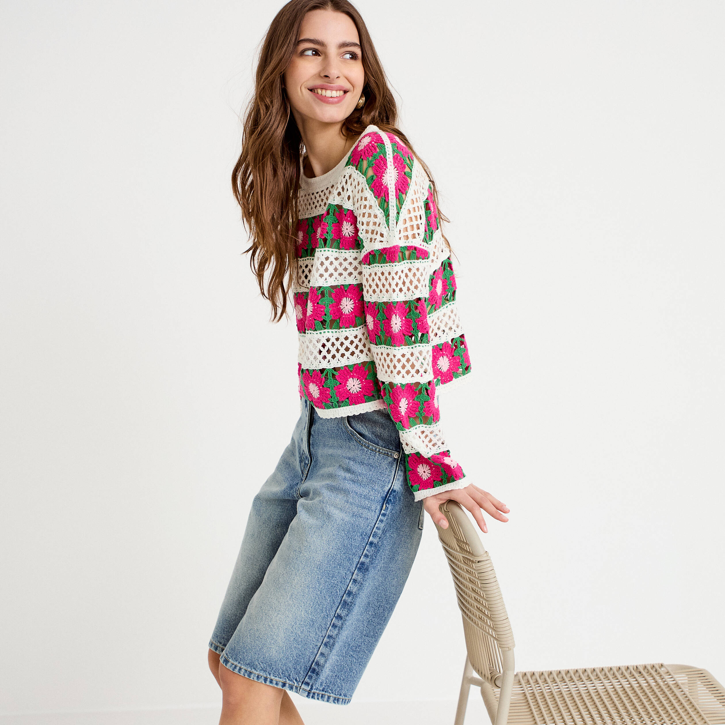 Pull manches longues rose fushia femme