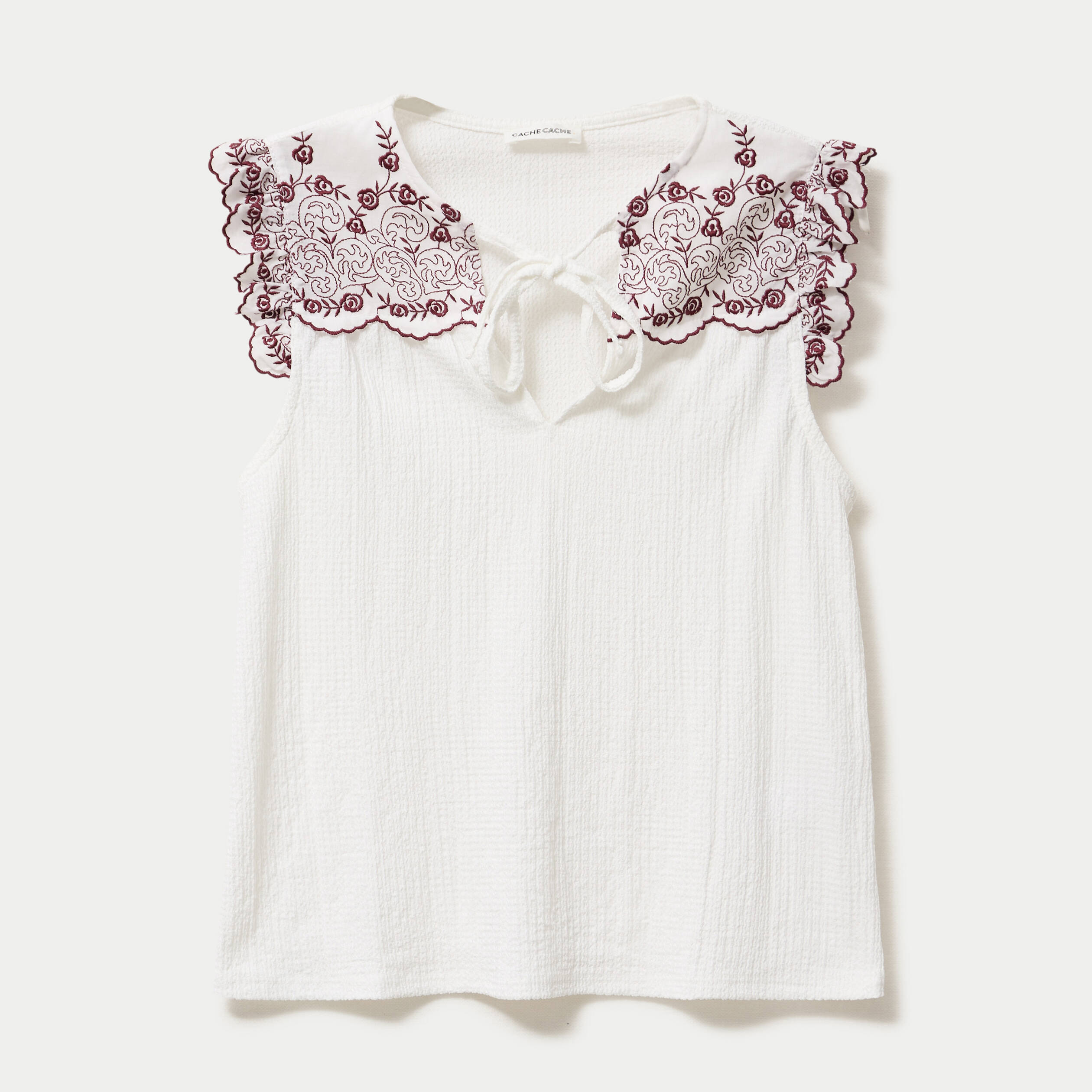 Blouse d&eacute;collet&eacute; sans manches brod&eacute;e rouge femme