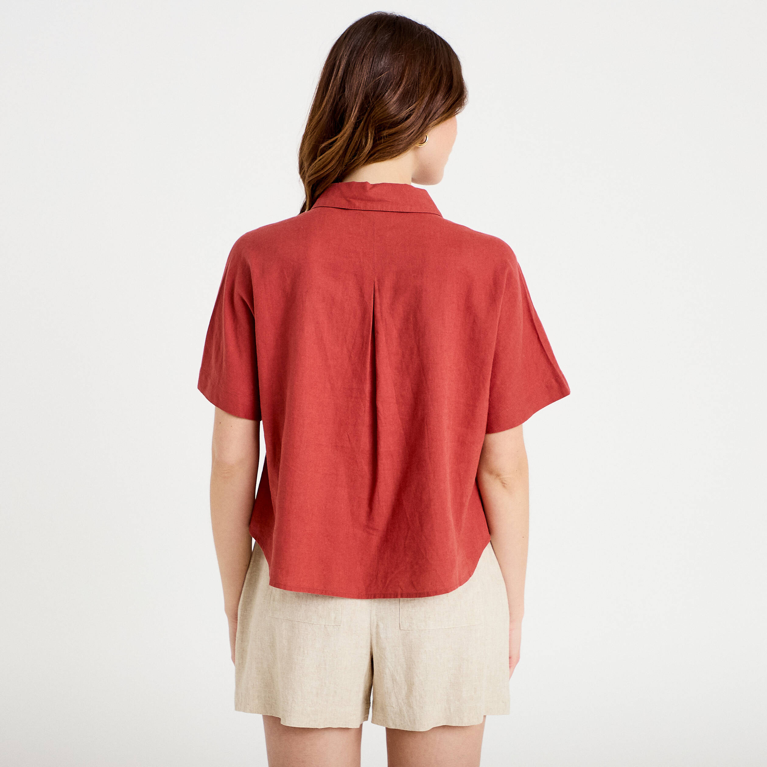 Chemise droite courte col classique vieux rose femme