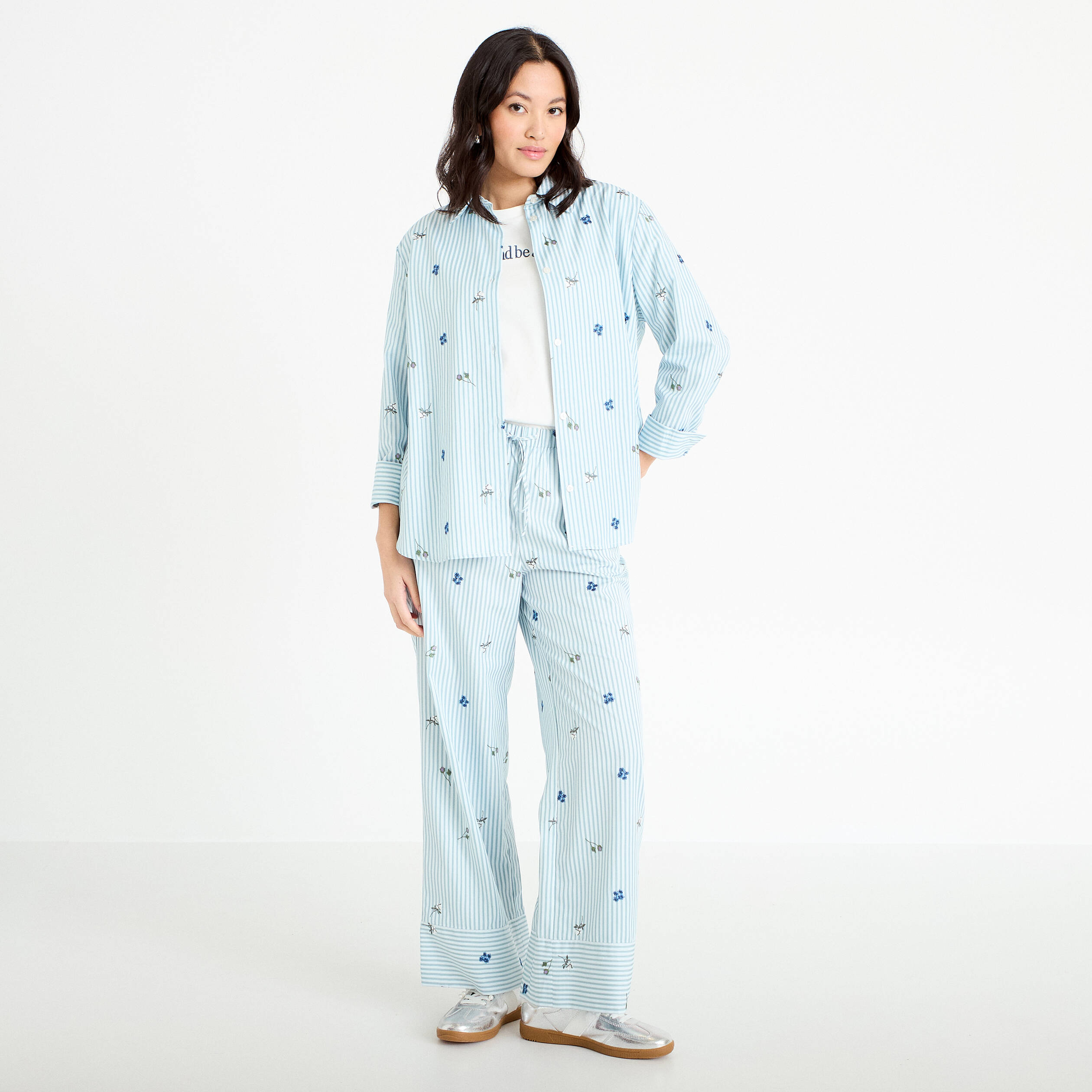 Pantalon large brod&eacute; Bridgerton bleu clair femme