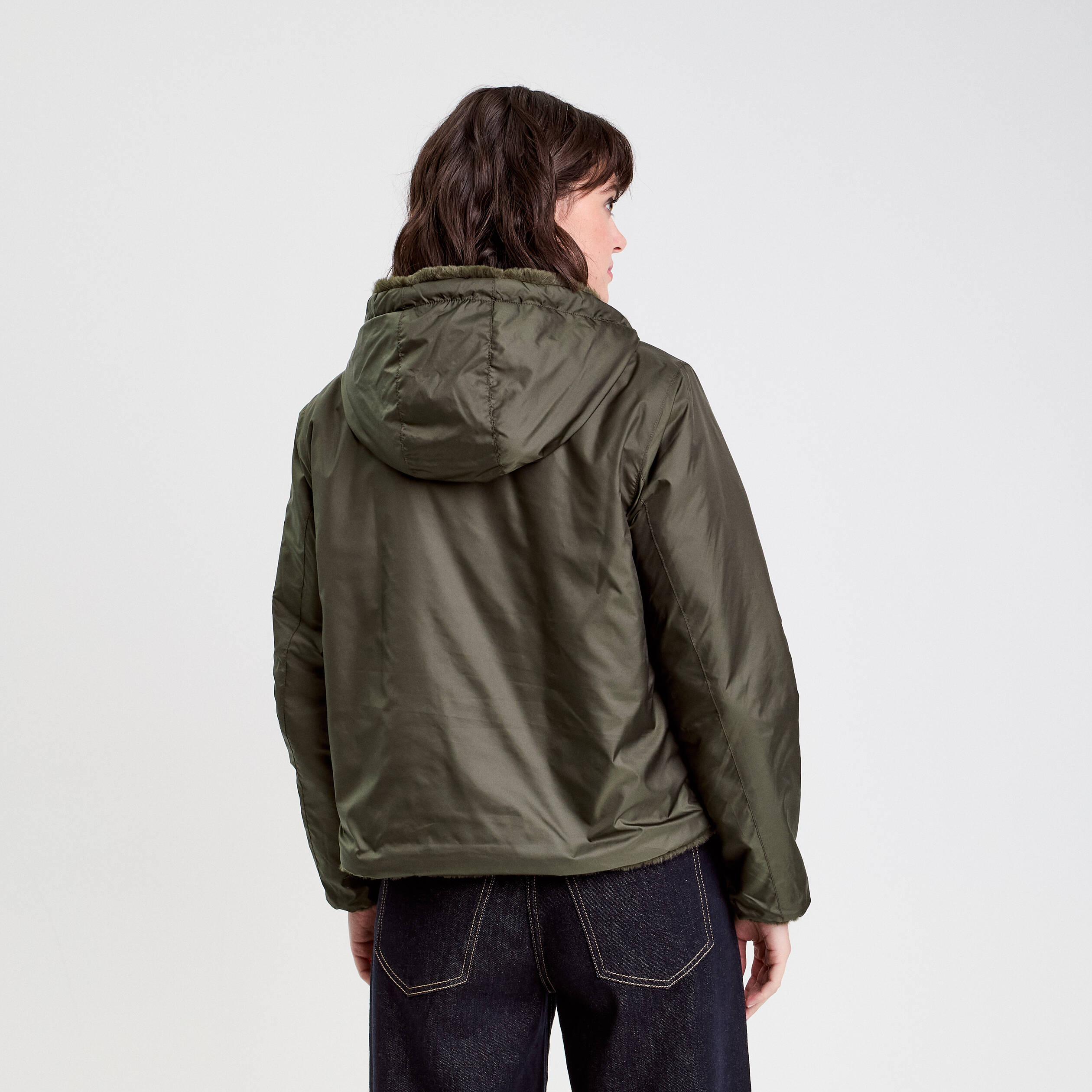 Parka r&eacute;versible &agrave; capuche vert kaki femme