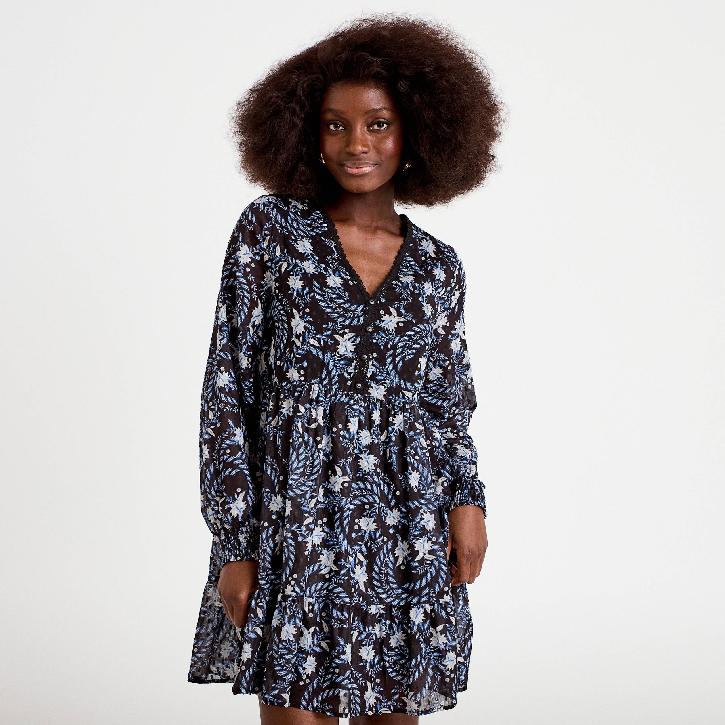 Robe droite col v manches longues noir femme