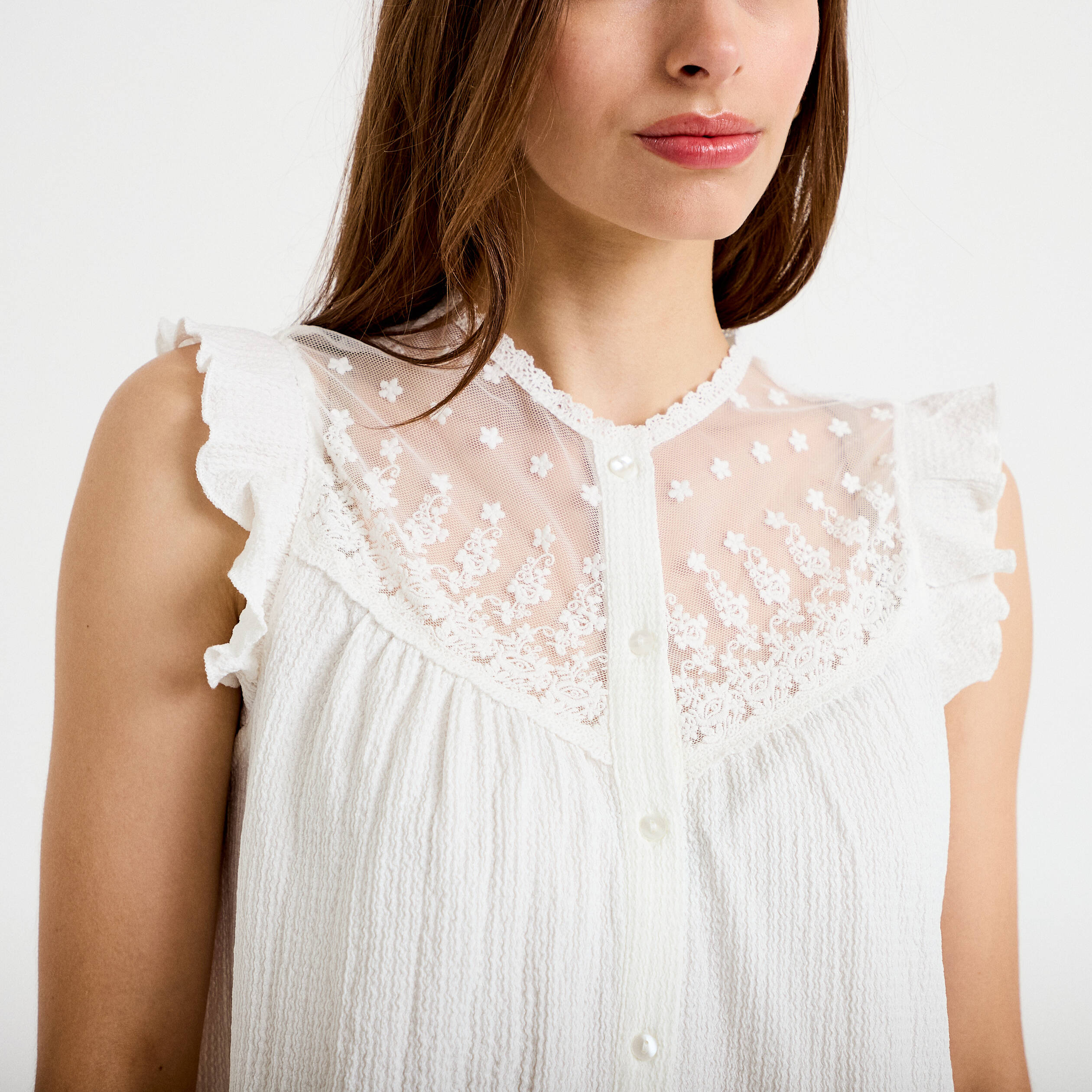 Blouse sans manches col rond ecru femme