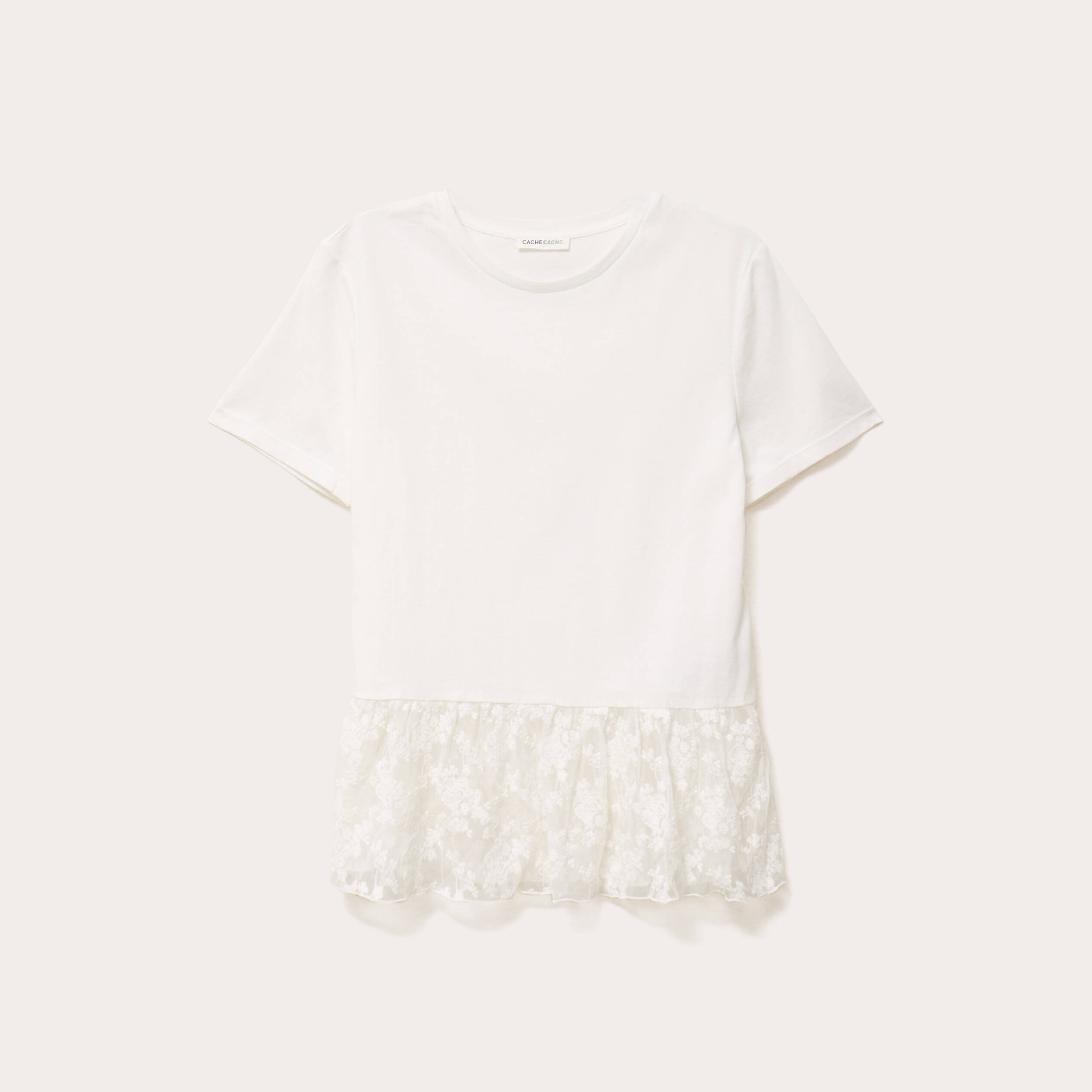 T-shirt manches courtes en dentelle ecru femme