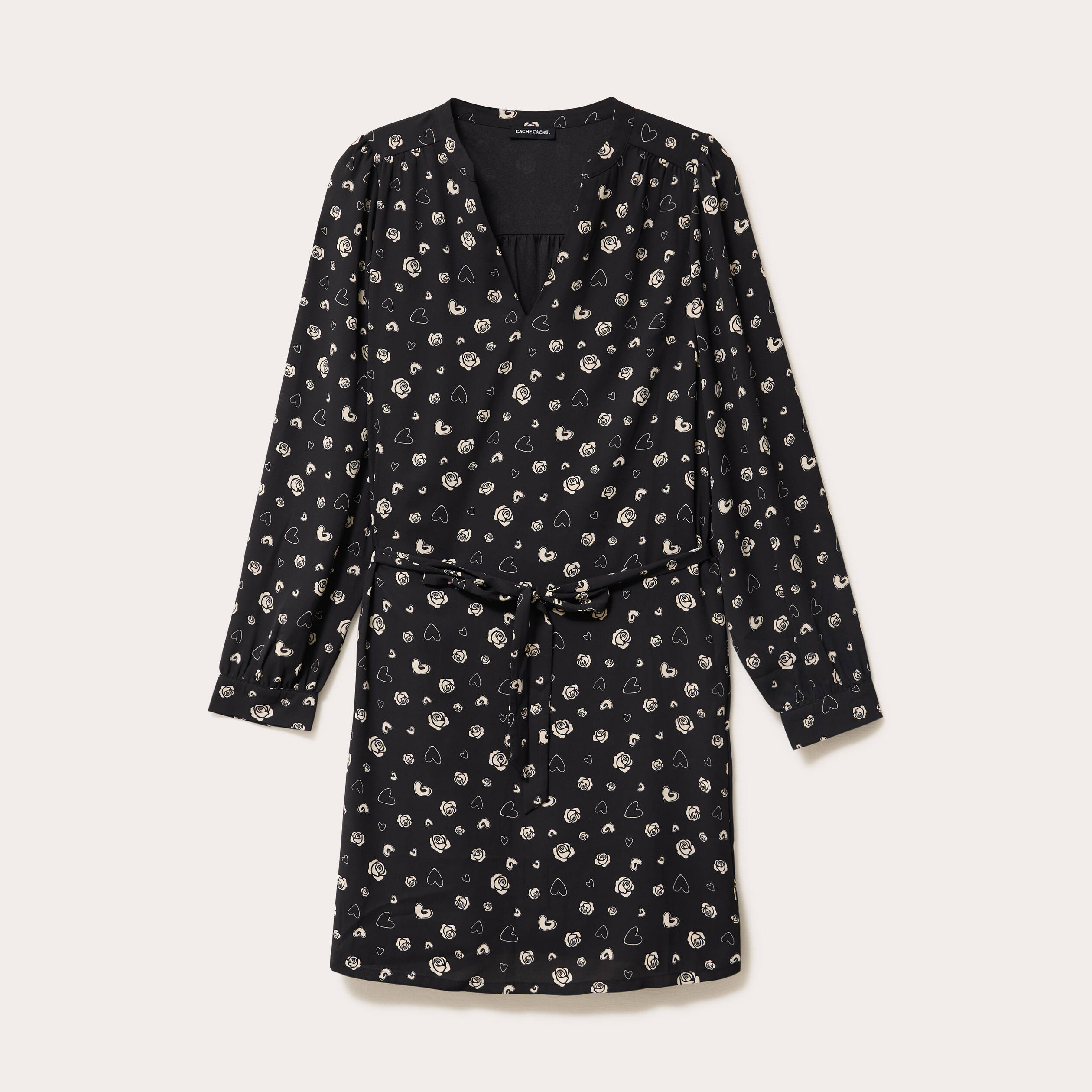 Robe droite courte col v manches longues noir femme