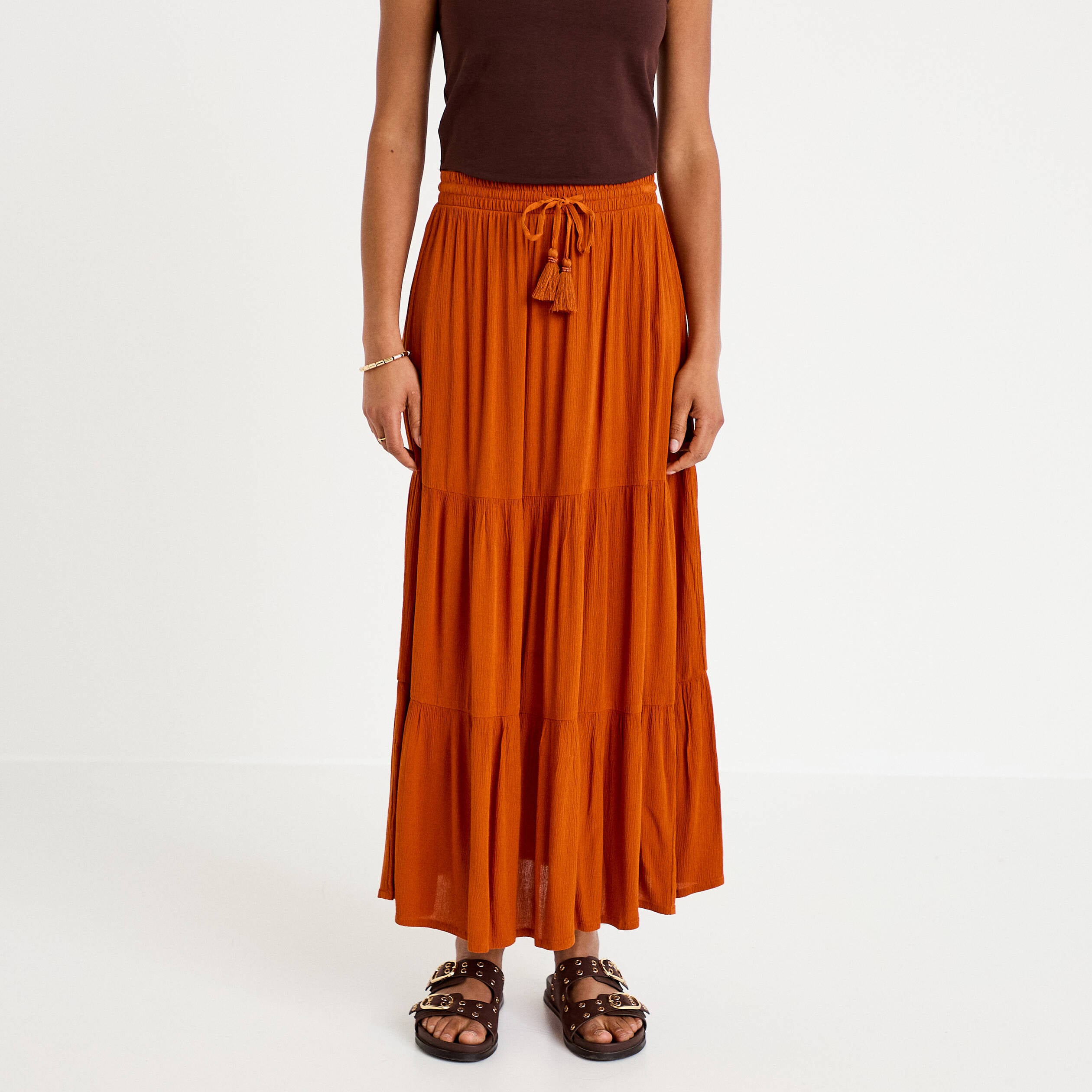 Jupe longue pliss&eacute;e &eacute;vas&eacute;e orange fonc&eacute; femme