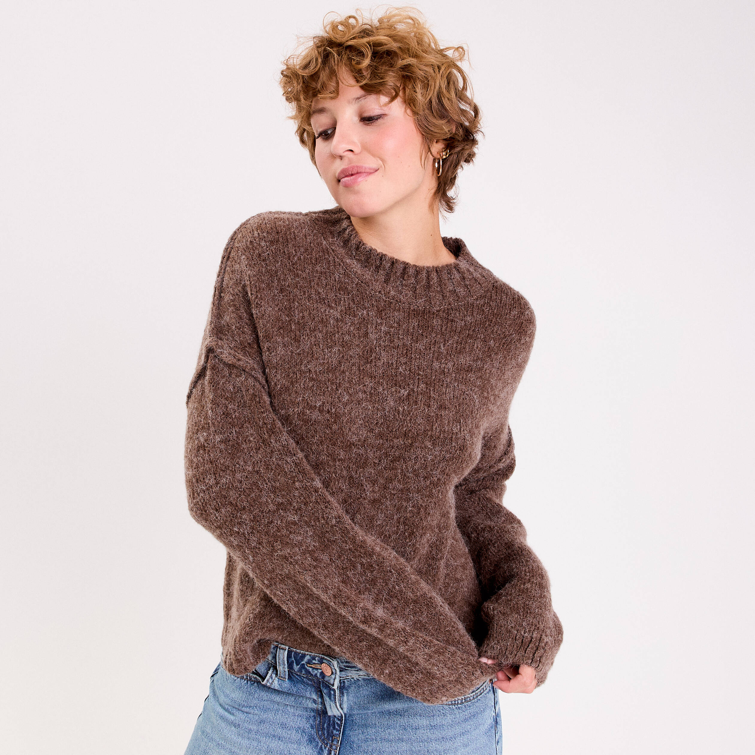 Pull oversize col rond manches longues marron clair femme