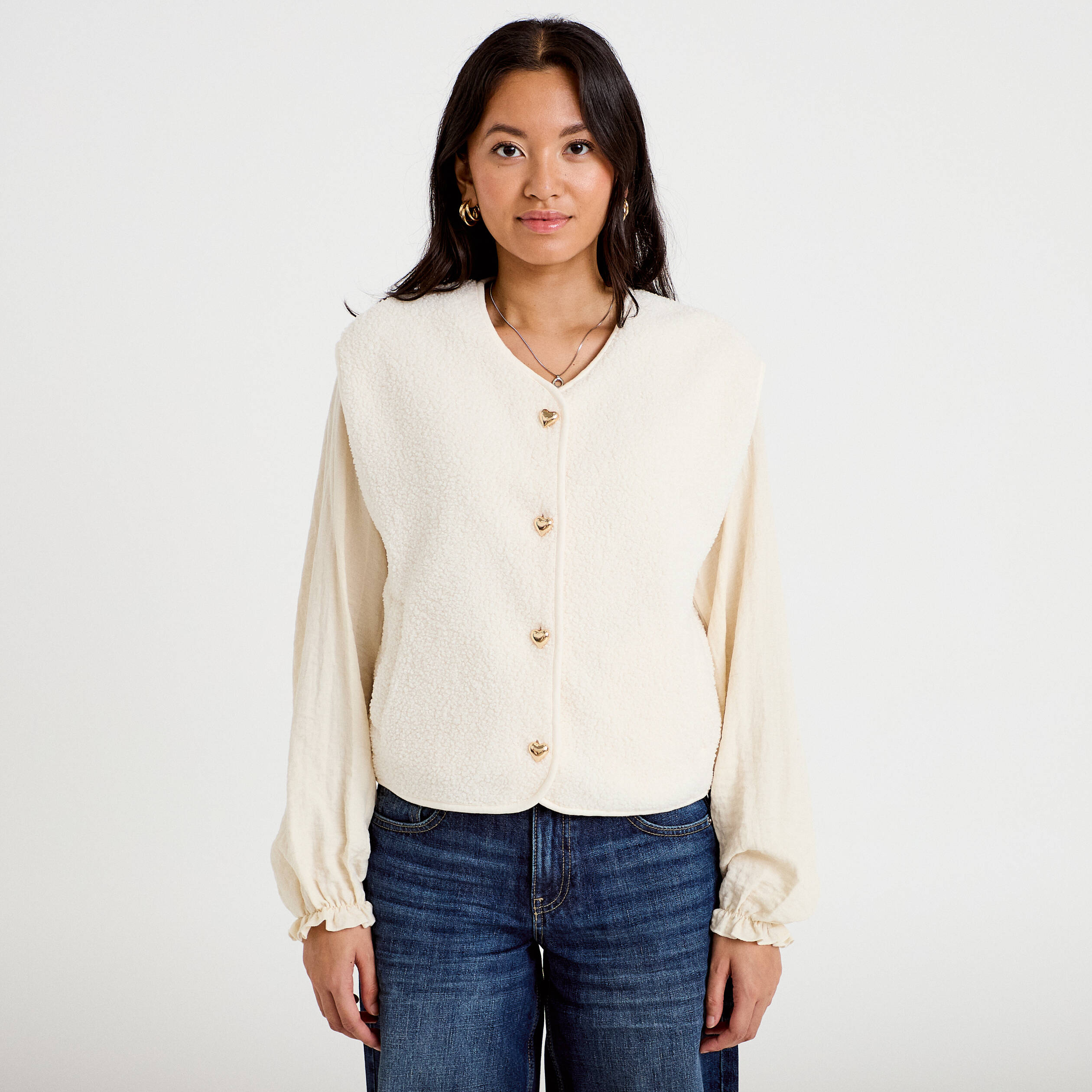 Veste sans manches effet polaire ecru femme