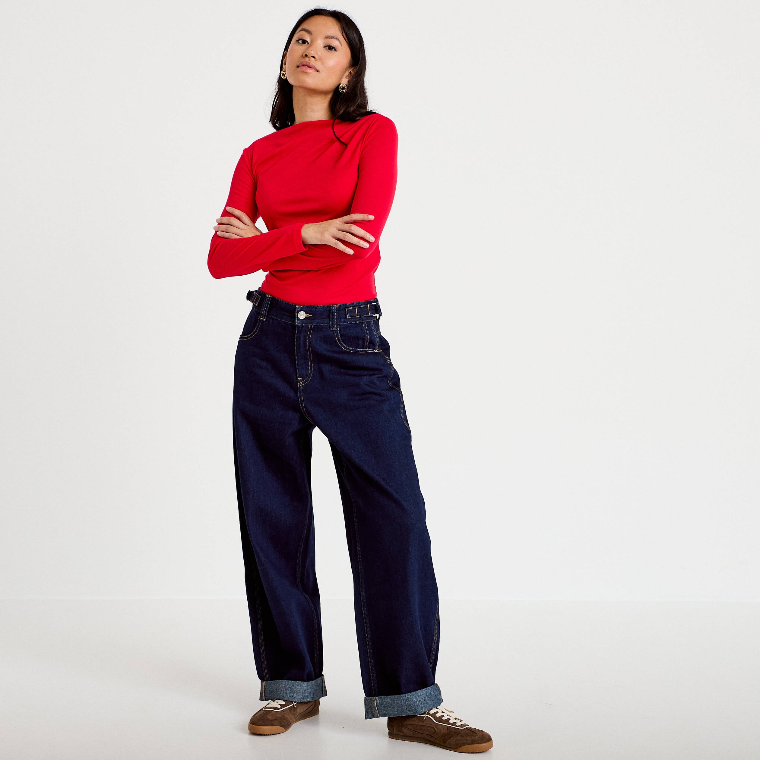 Jean barrel long en coton denim brut femme