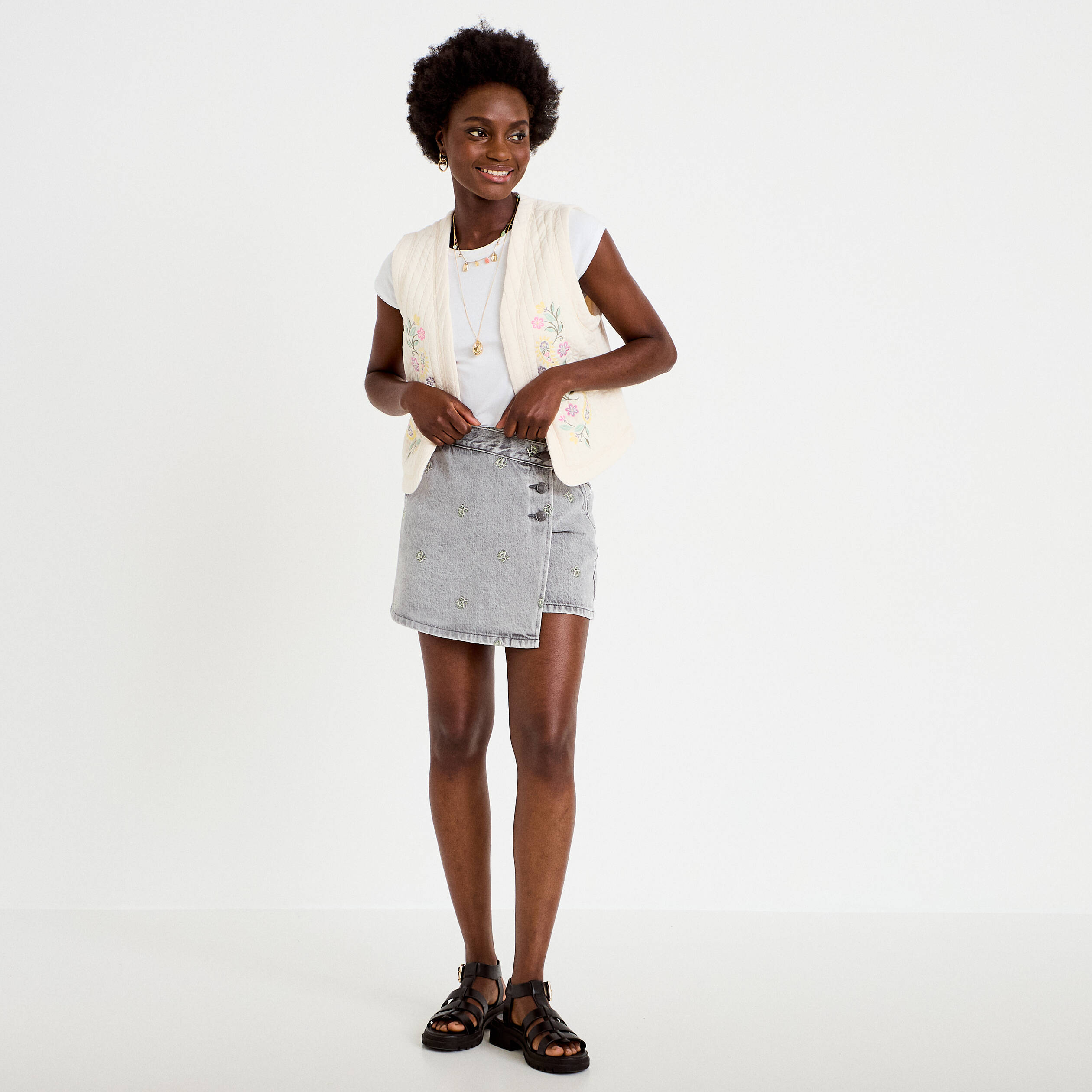Jupe-short trap&egrave;ze courte taille haute denim gris femme