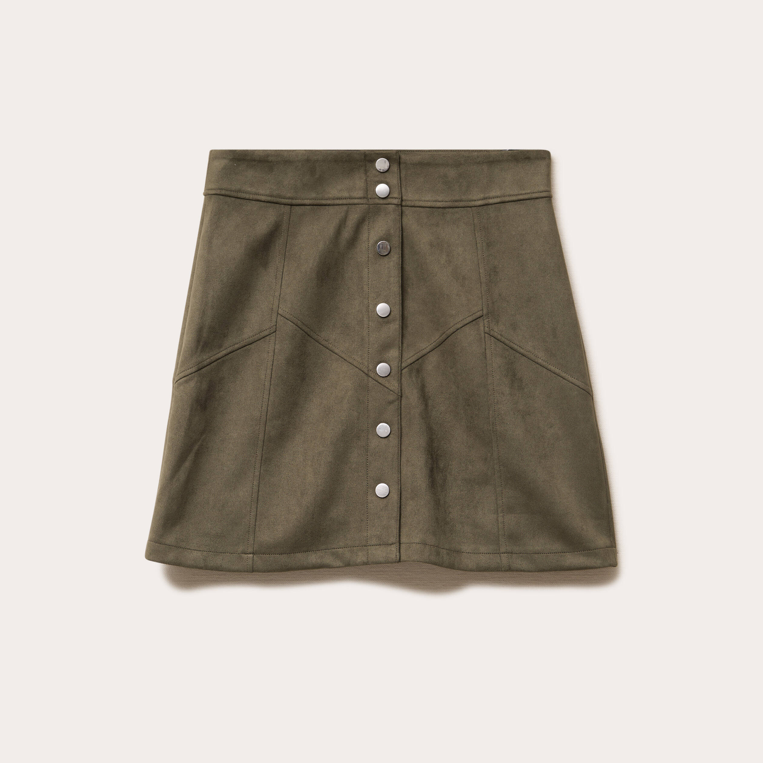 Jupe trap&egrave;ze courte aspect daim vert kaki femme