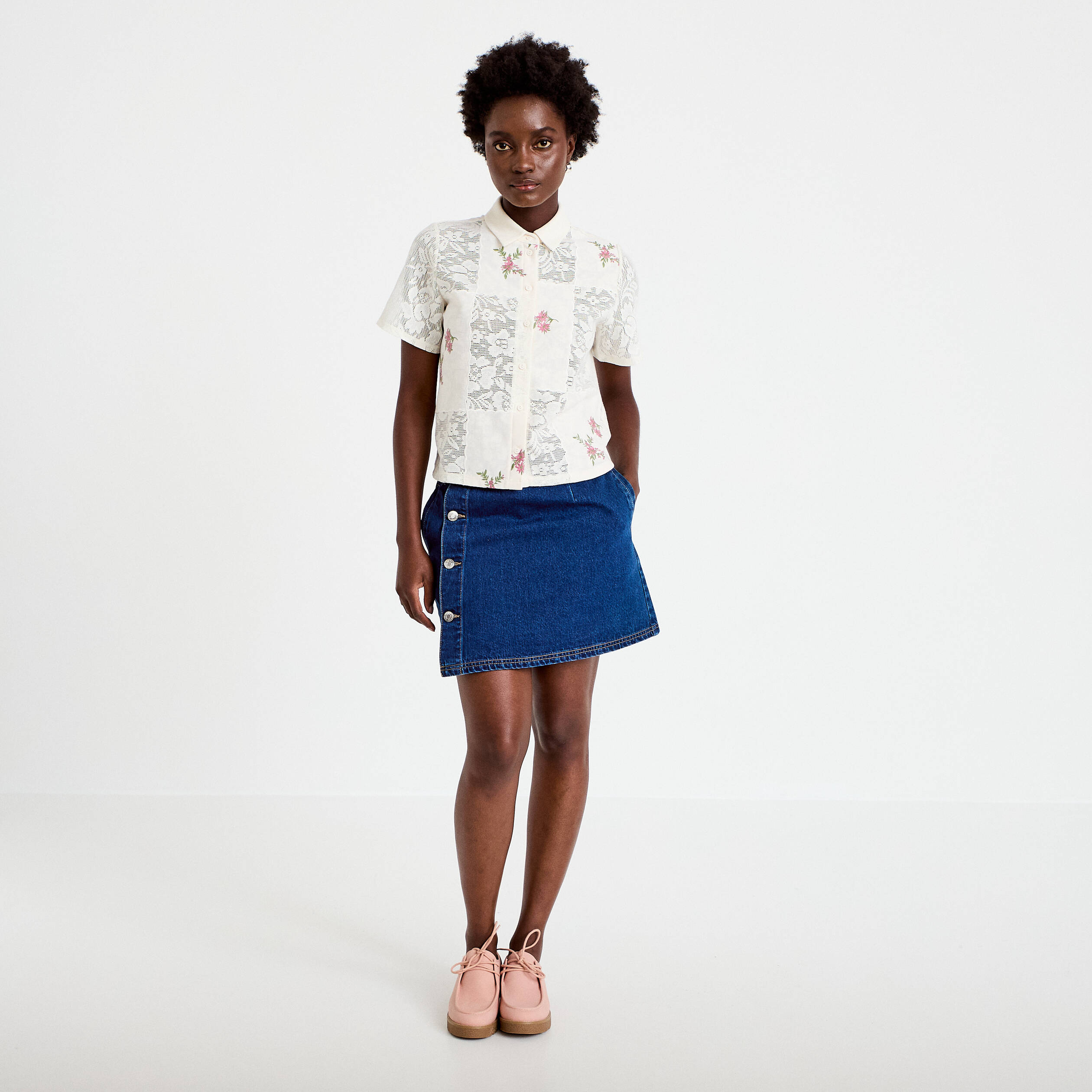 Chemise col chemise manches courtes ecru femme