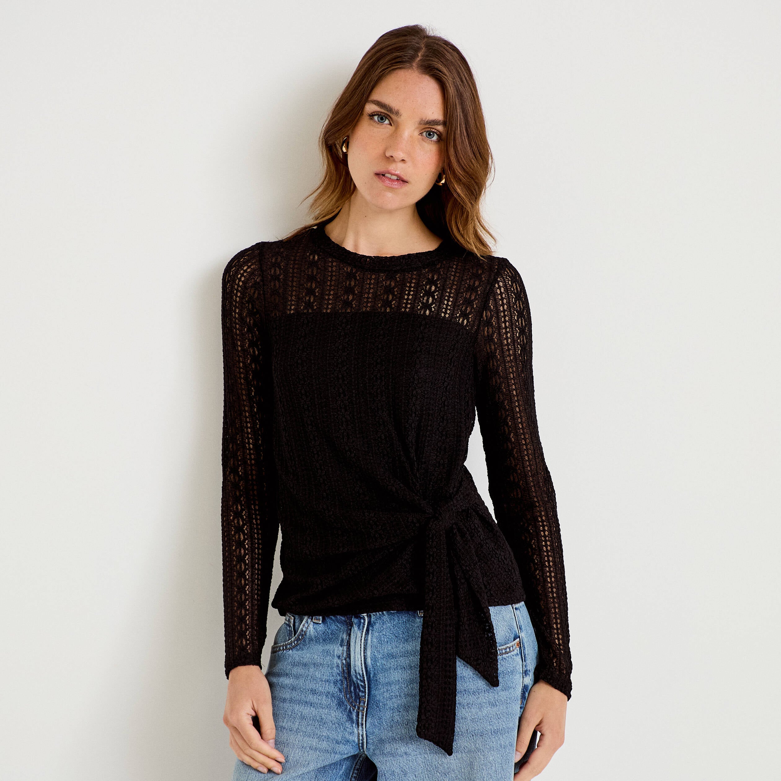 Top droit manches longues dentelle noir femme
