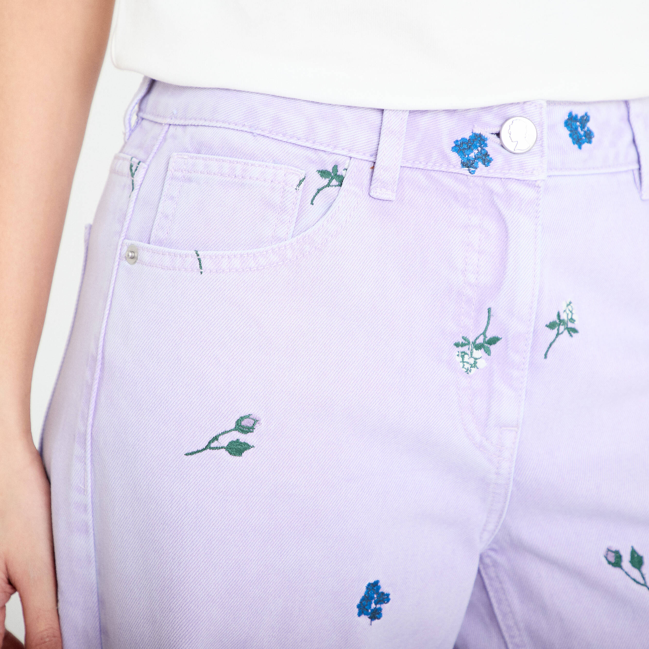 Jean wide leg brod&eacute; Bridgerton mauve femme