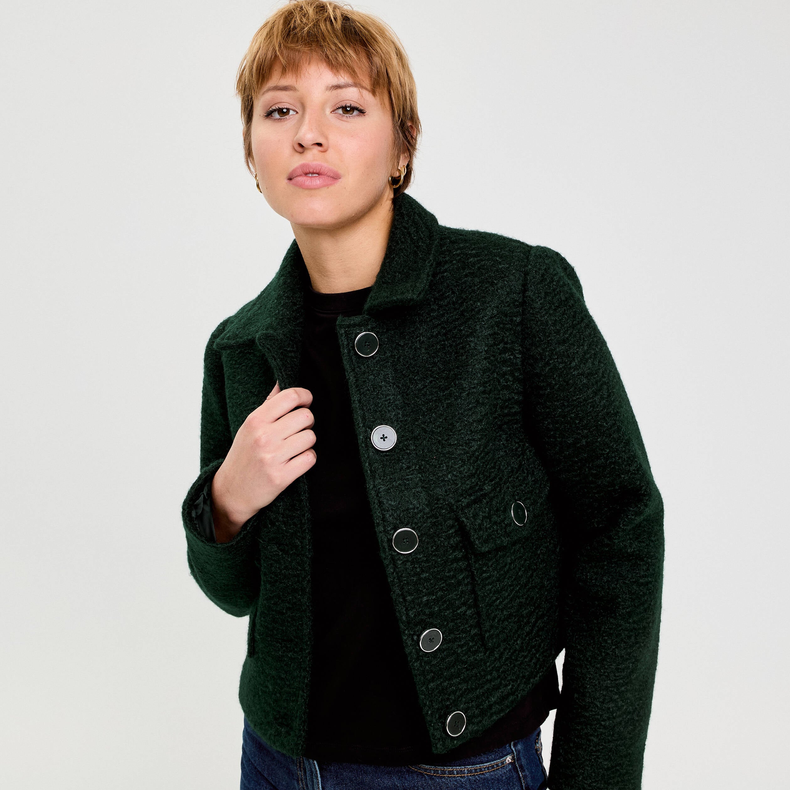 Veste bouclette boutonn&eacute;e vert fonc&eacute; femme