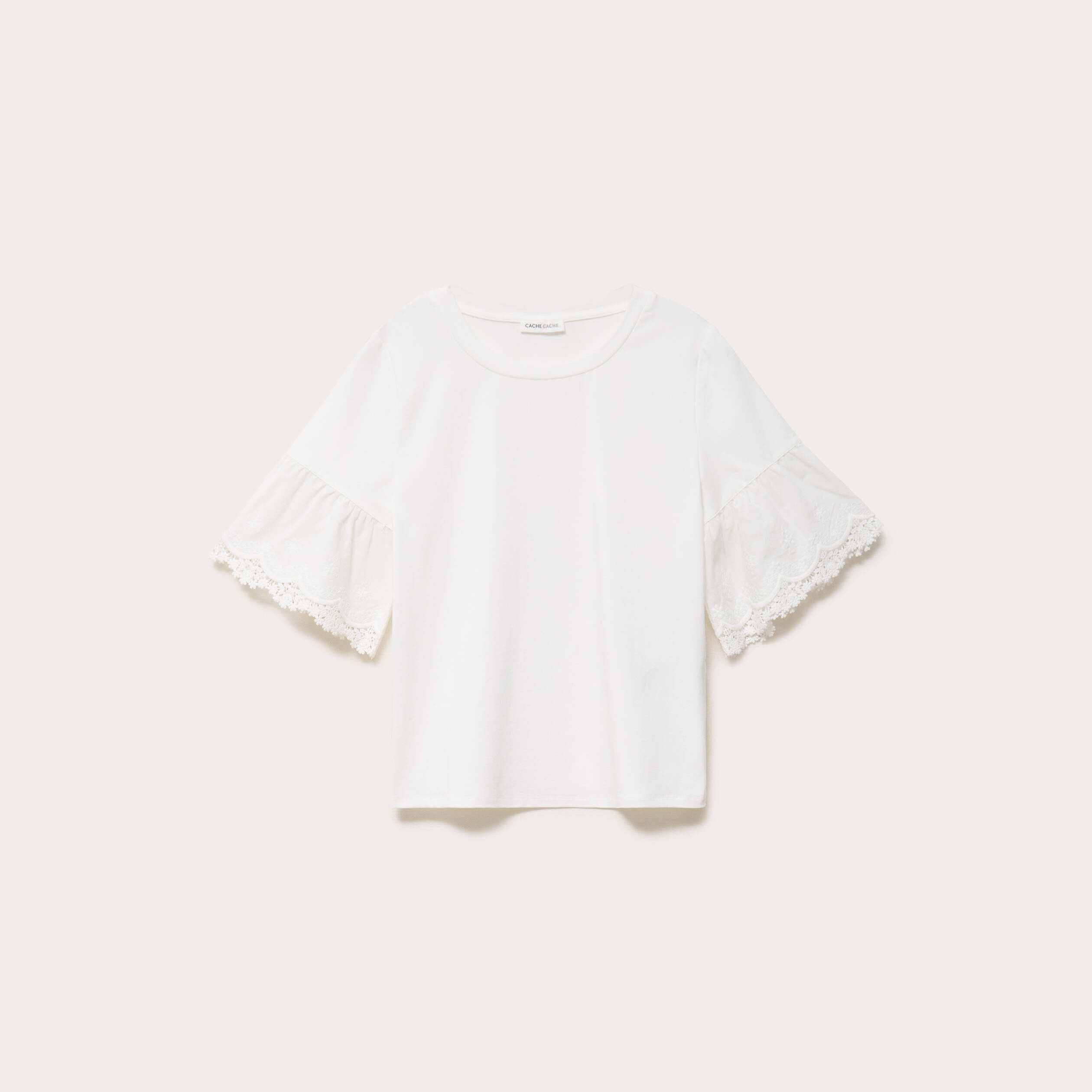 T-shirt broderie manches courtes ecru femme