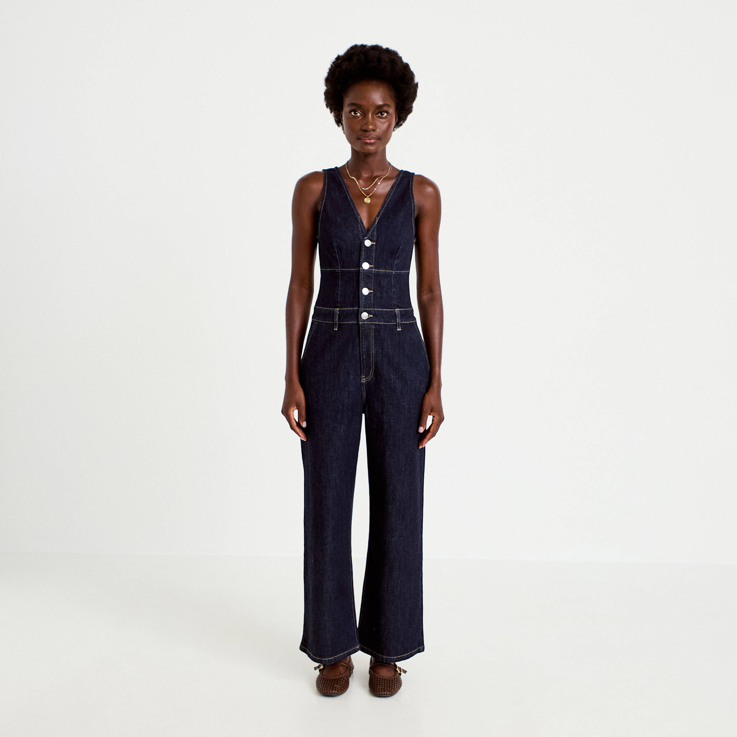 Combinaison jean large sans manches denim brut femme