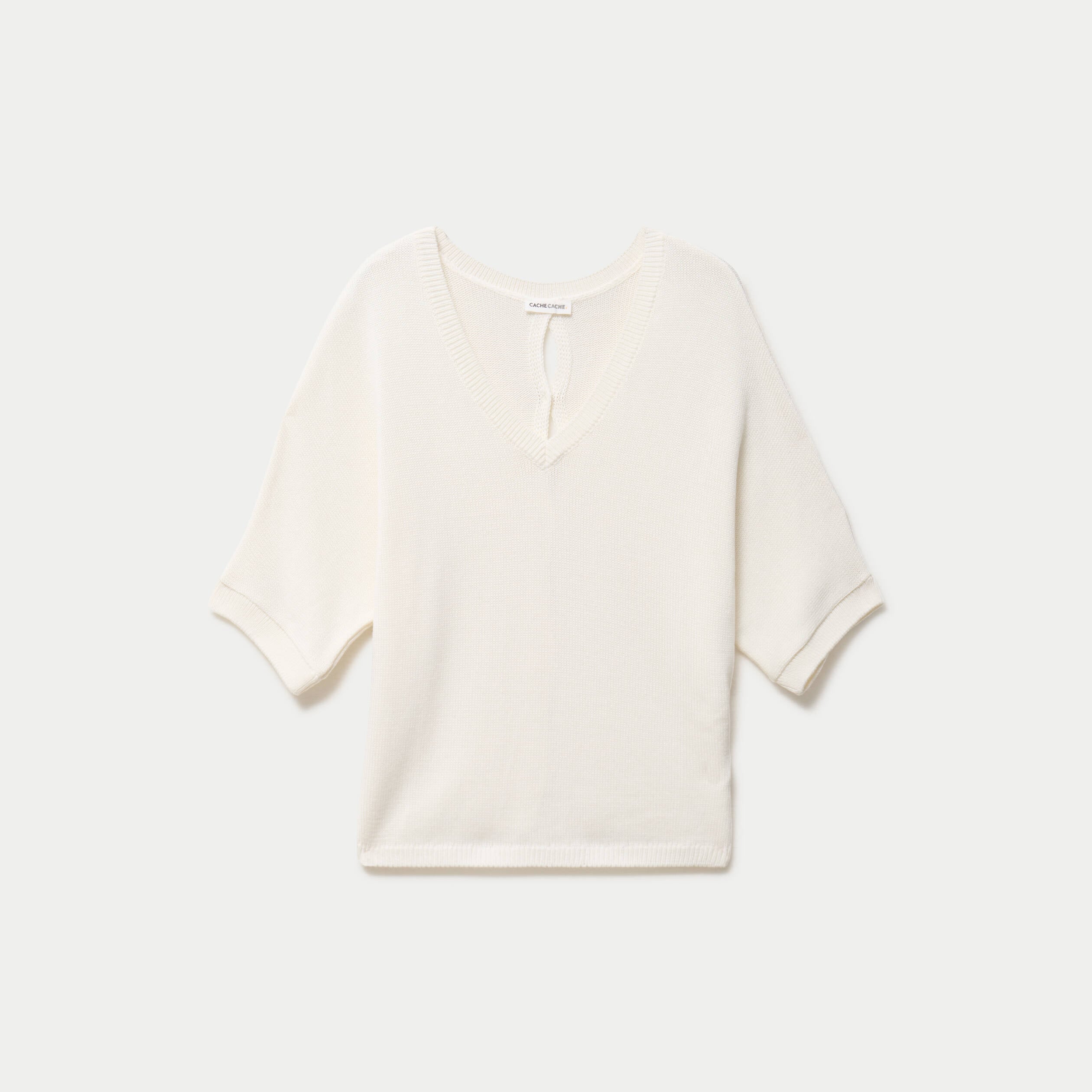 Pull ample col v manches courtes blanc femme