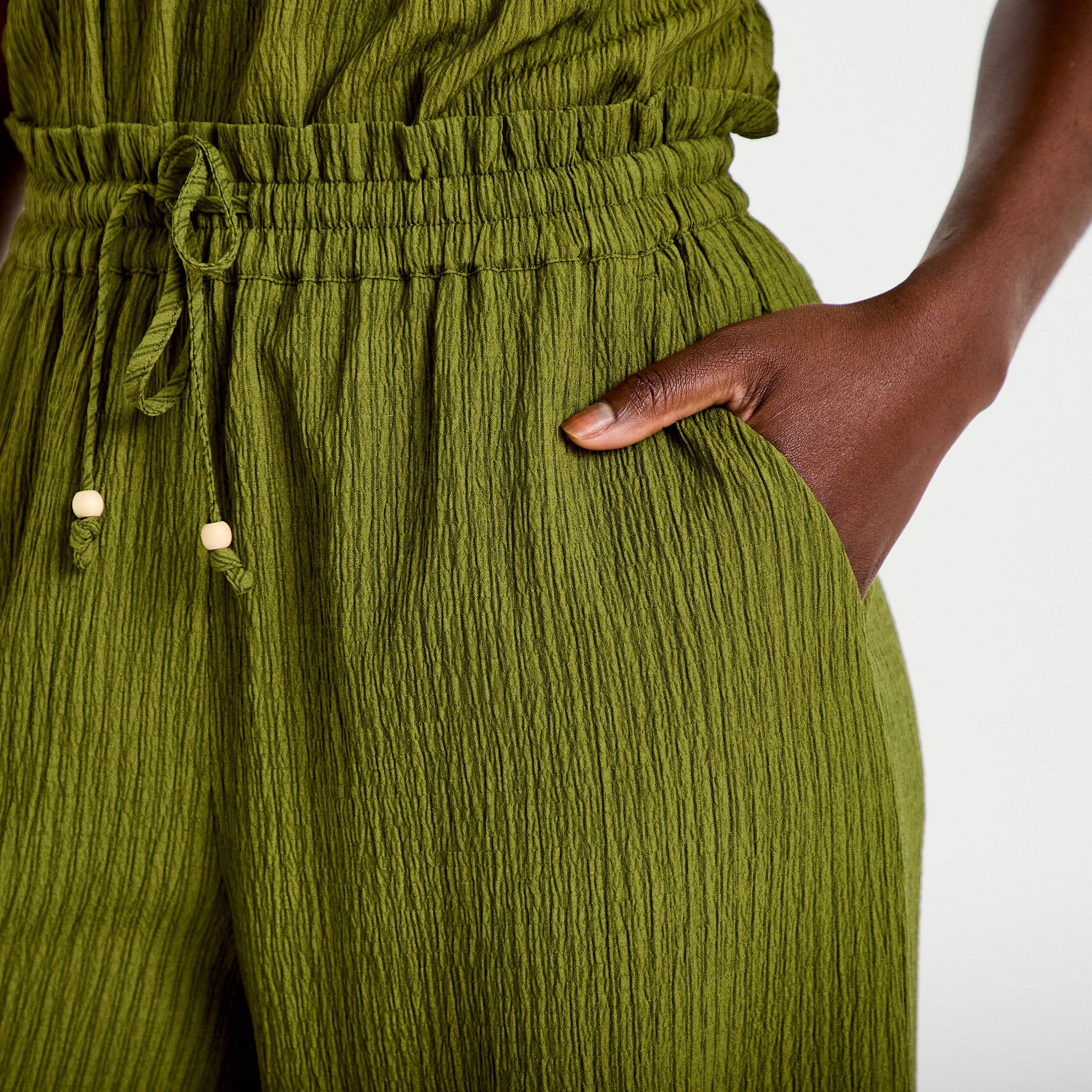 Pantalon large fluide taille haute vert kaki femme