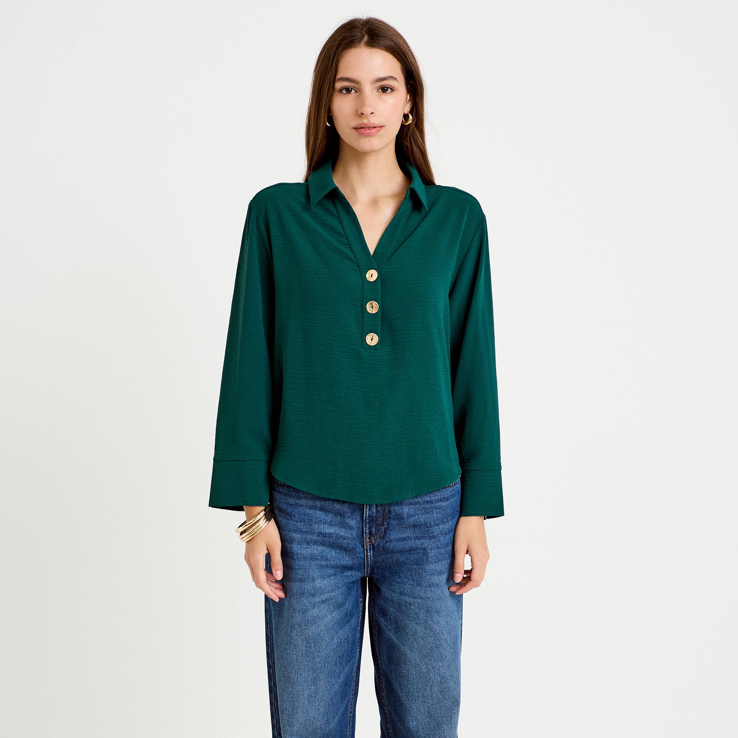 Blouse manches longues vert fonc&eacute; femme