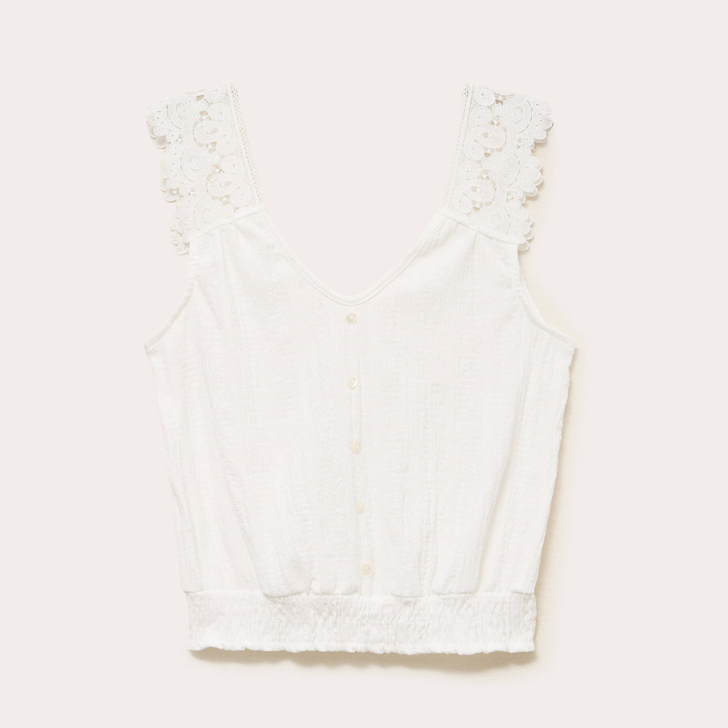 Top droit court sans manches en dentelle ecru femme