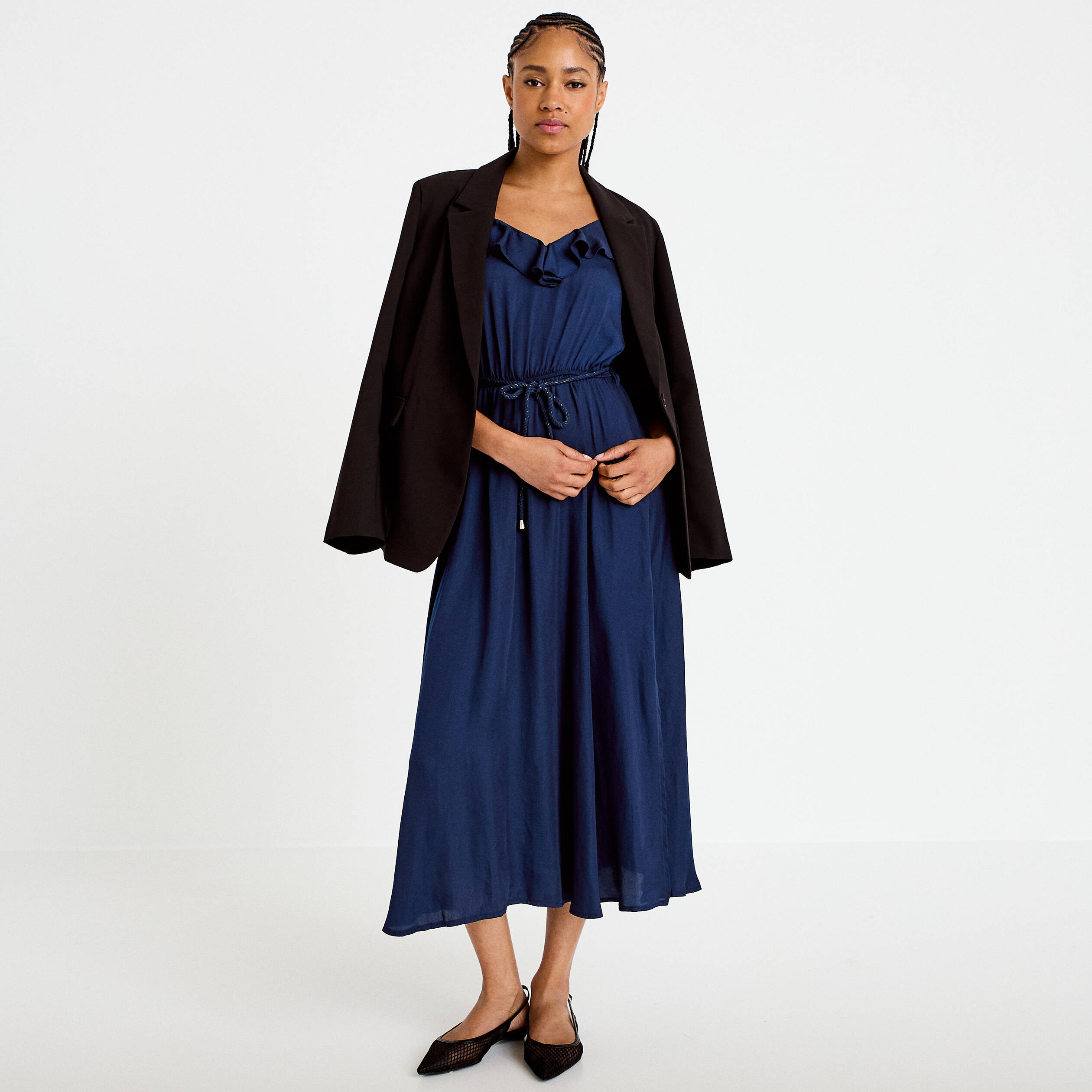 Robe longue &eacute;vas&eacute;e col v bretelles bleu marine femme