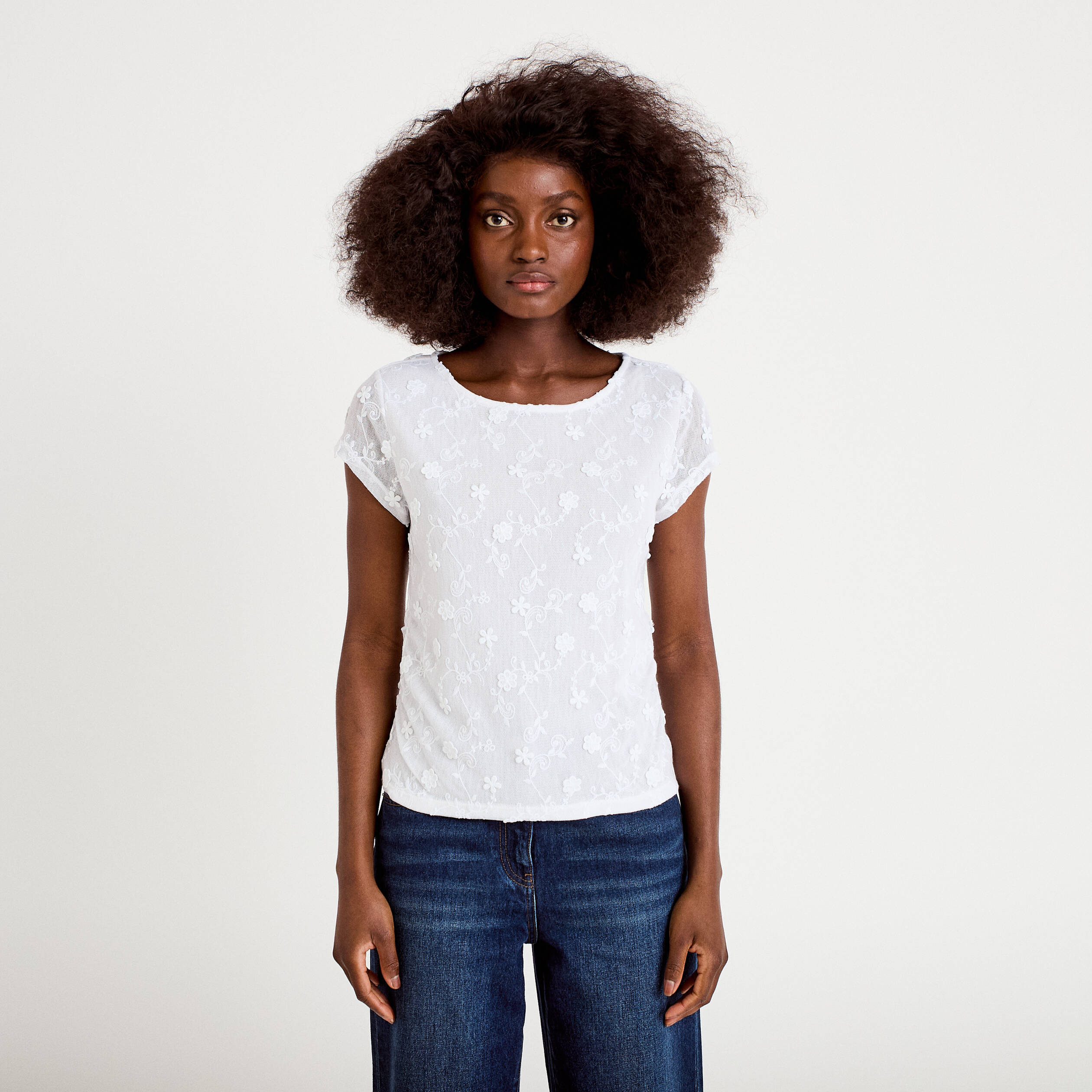 T-shirt ajust&eacute; col rond dentelle blanc femme