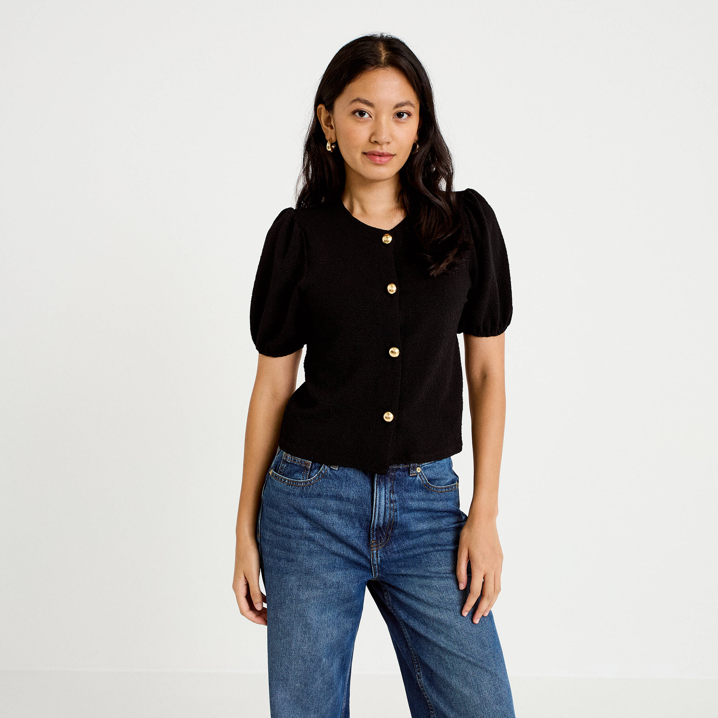 Blouse droite manches courtes noir femme