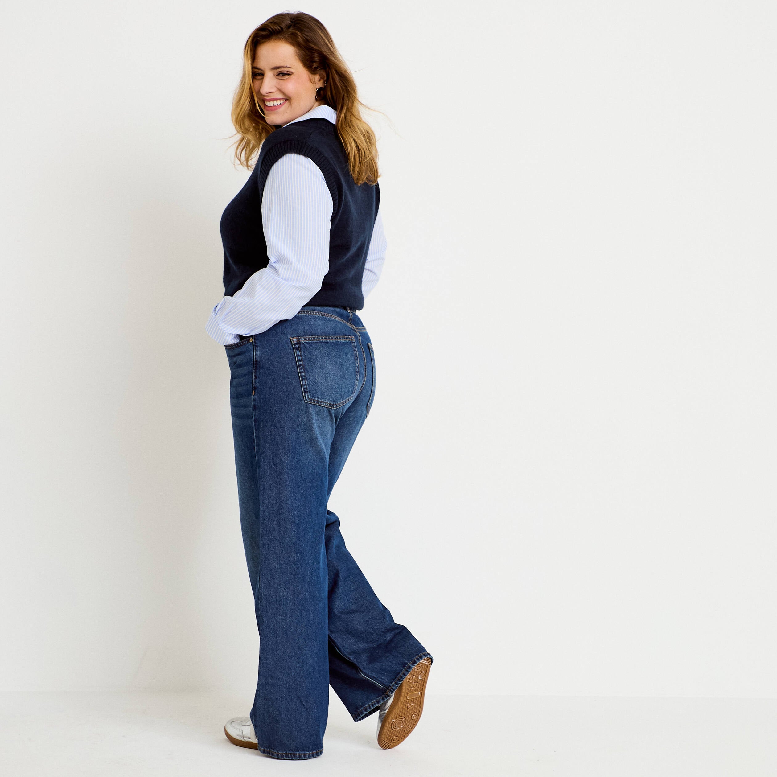 Jeans wide leg taille haute bleu fonc&eacute; femme