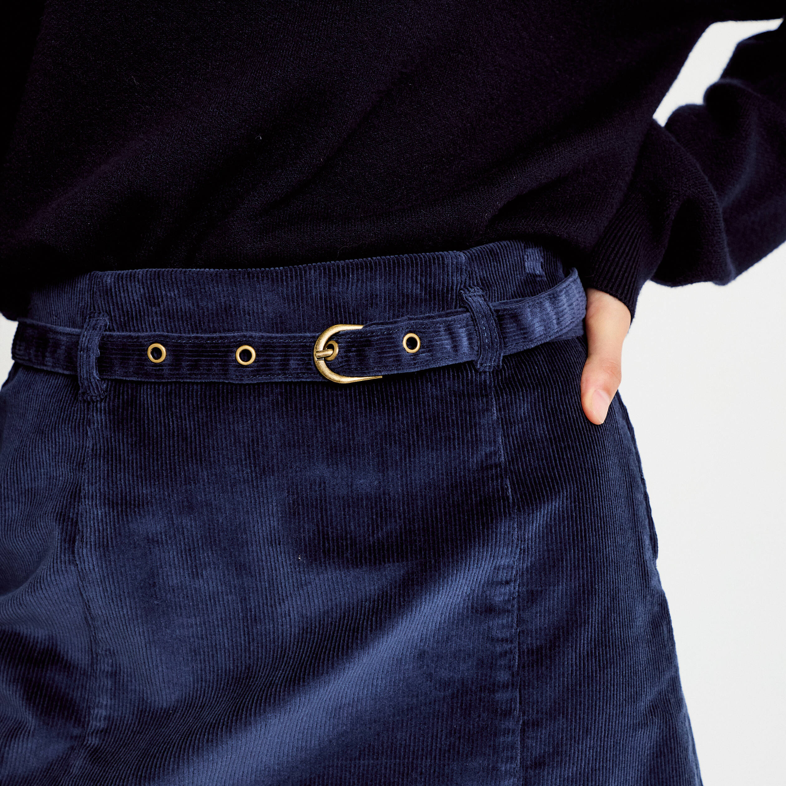 Jupe-short &eacute;vas&eacute;e velours ceinture bleu marine femme