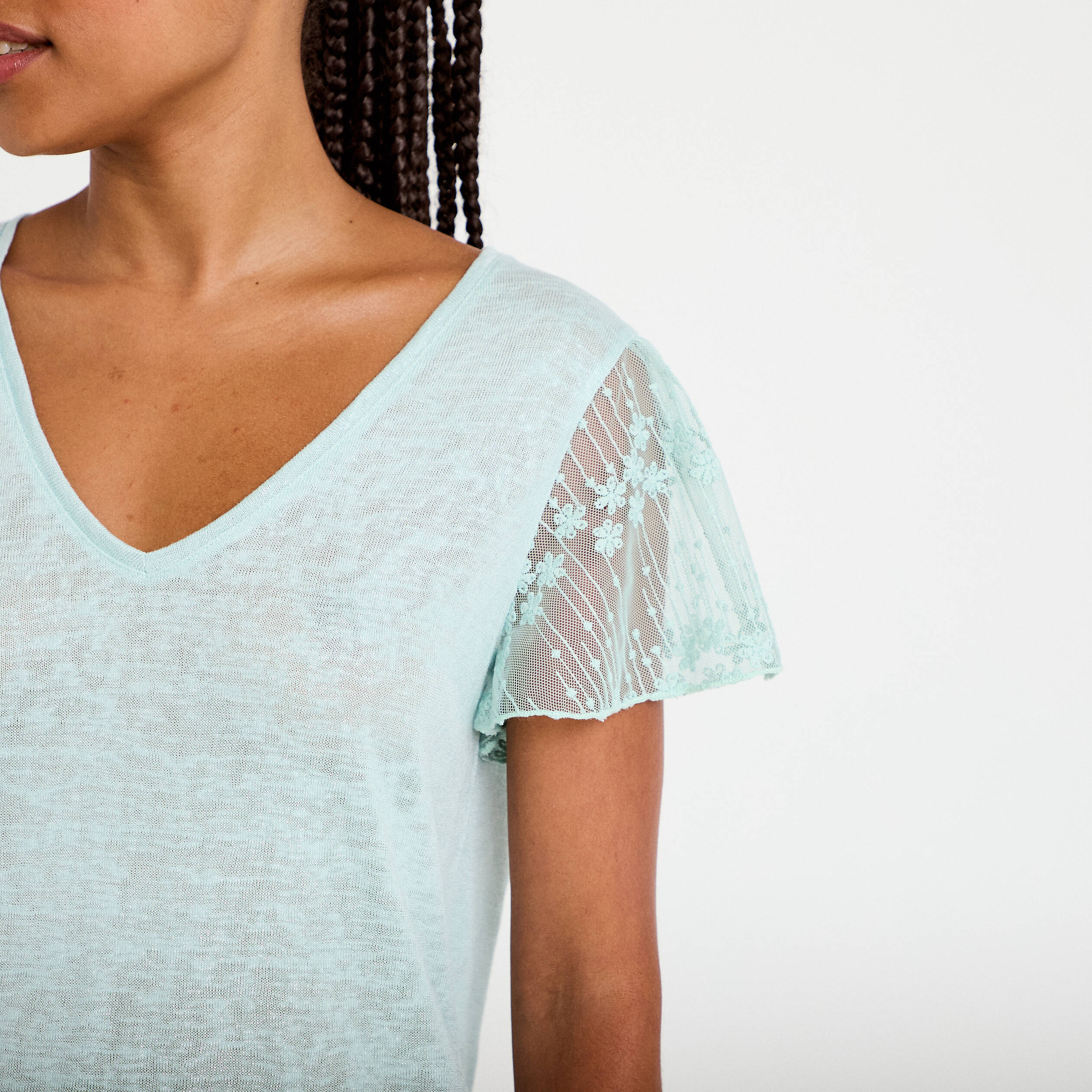 T-shirt manches dentelle vert clair femme