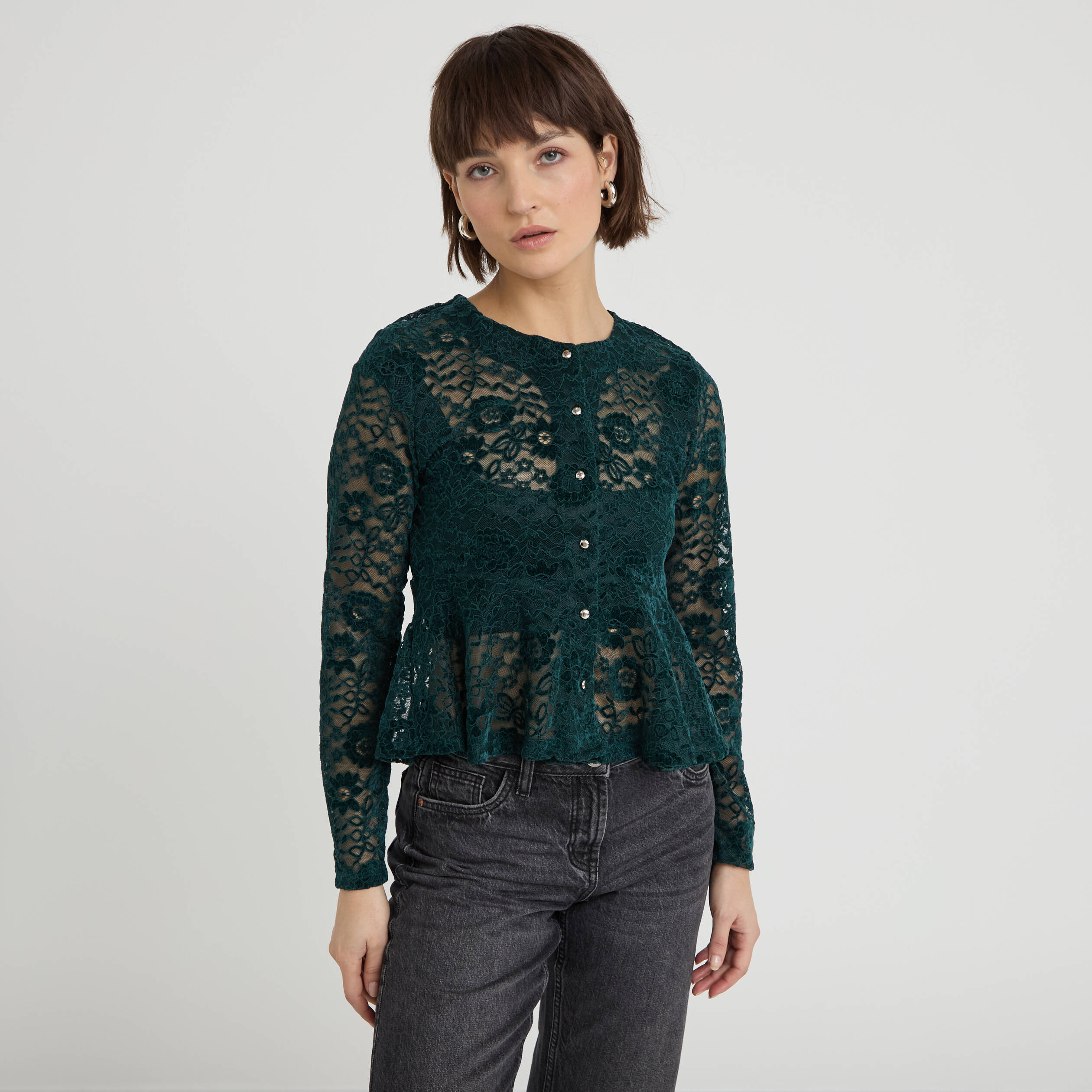 Blouse p&eacute;plum dentelle vert fonc&eacute; femme