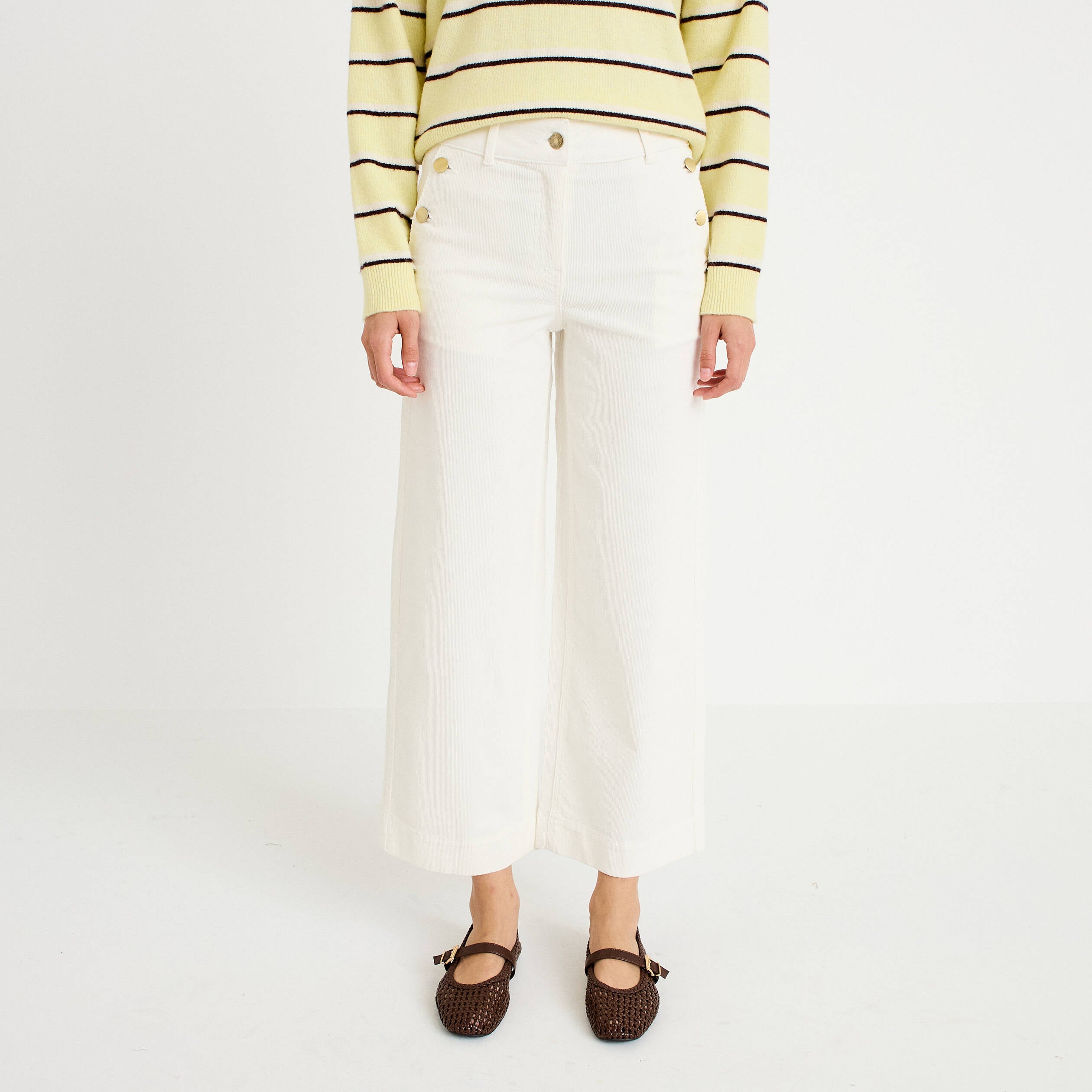 Pantalon taille haute velours ecru femme
