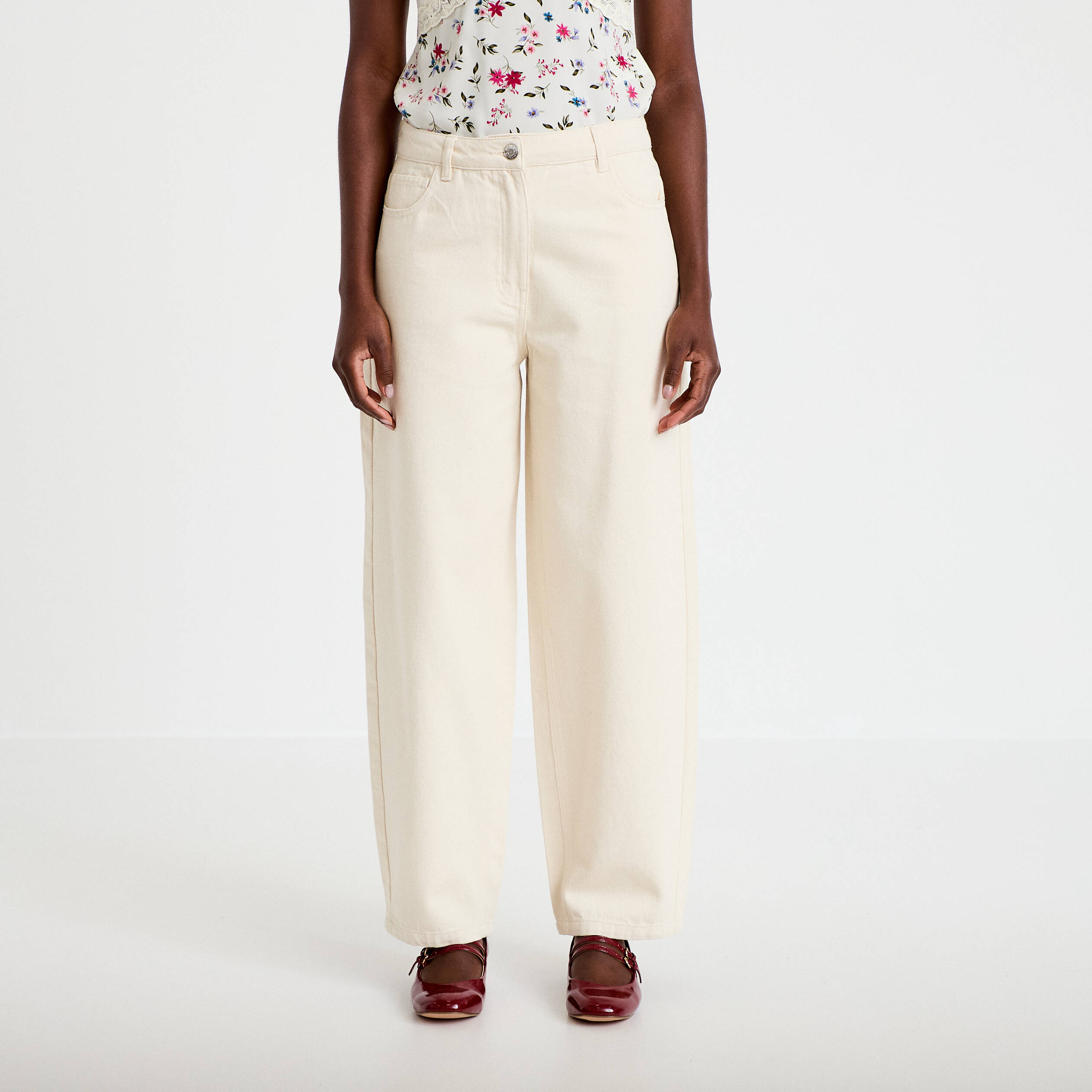Pantalon balloon broderie taille basse ecru femme
