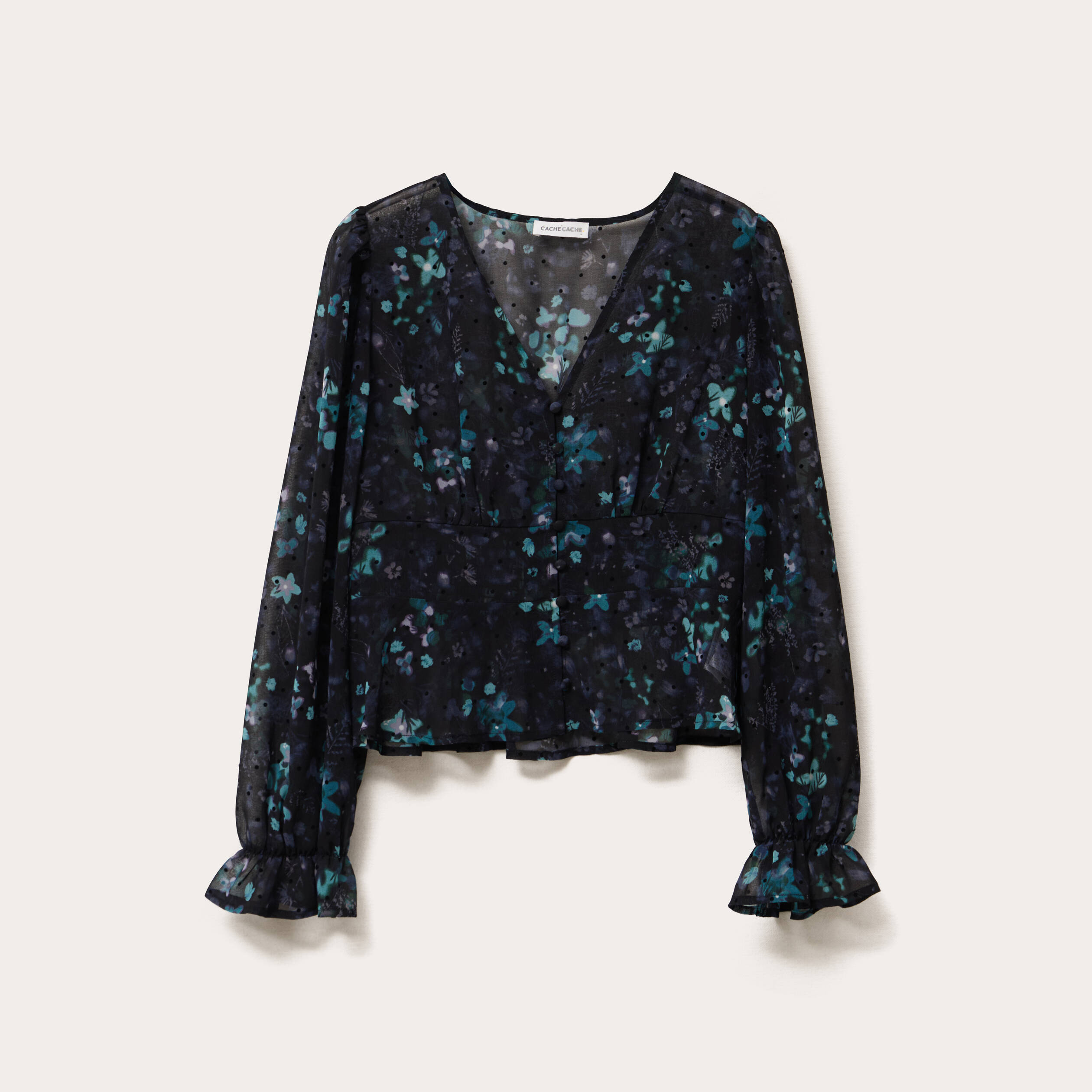 Blouse cintr&eacute;e courte en voile col V noir femme